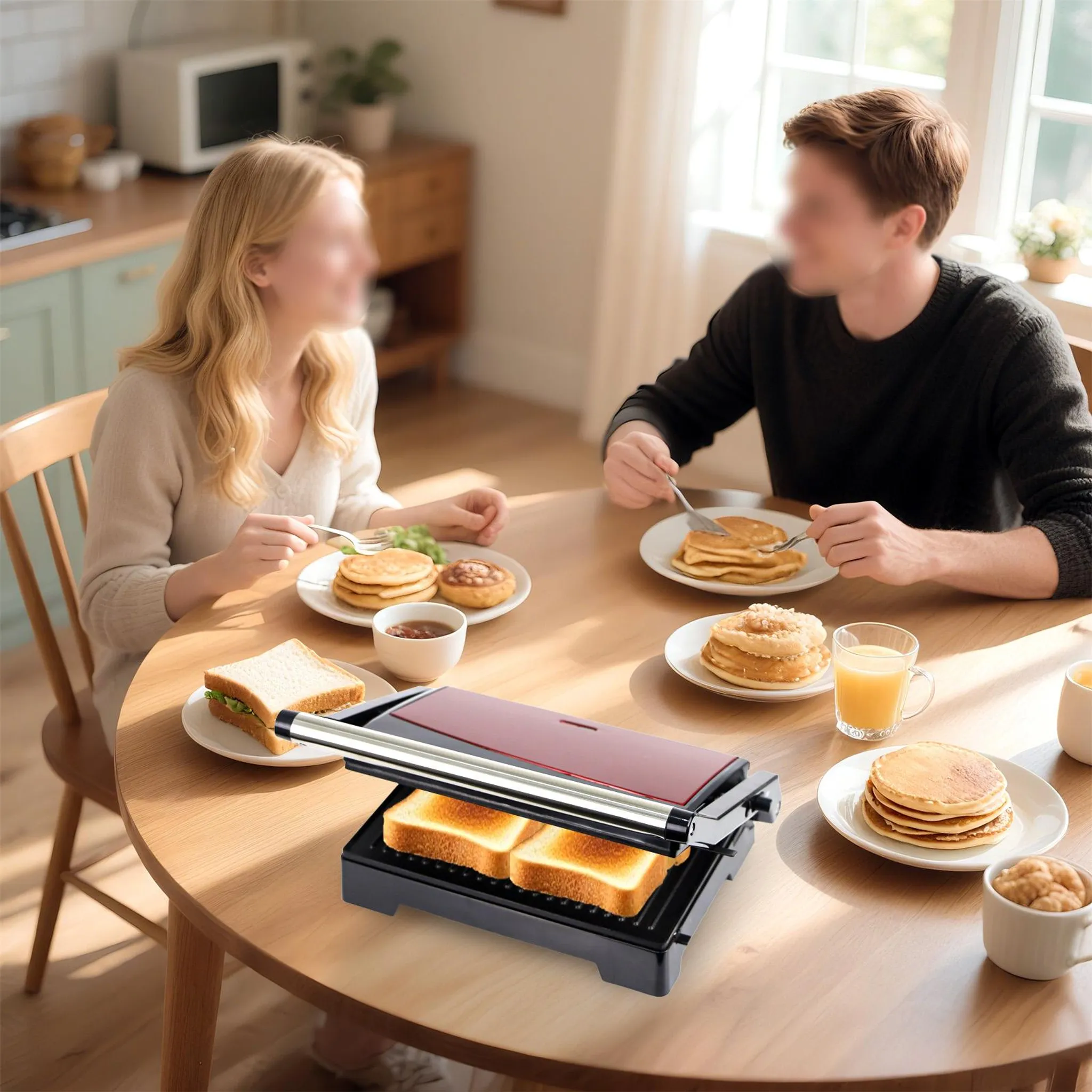 Ein Paar sitzt an einem Holztisch mit Pfannkuchen, während ein Sandwichmaker im Vordergrund Toast brät.