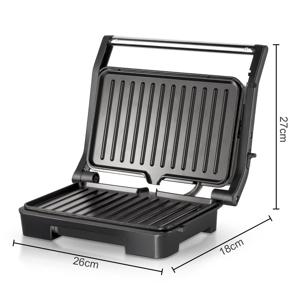 Offener schwarzer Kontaktgrill mit Metallgriff und Maßangaben für Breite, Tiefe und Höhe.