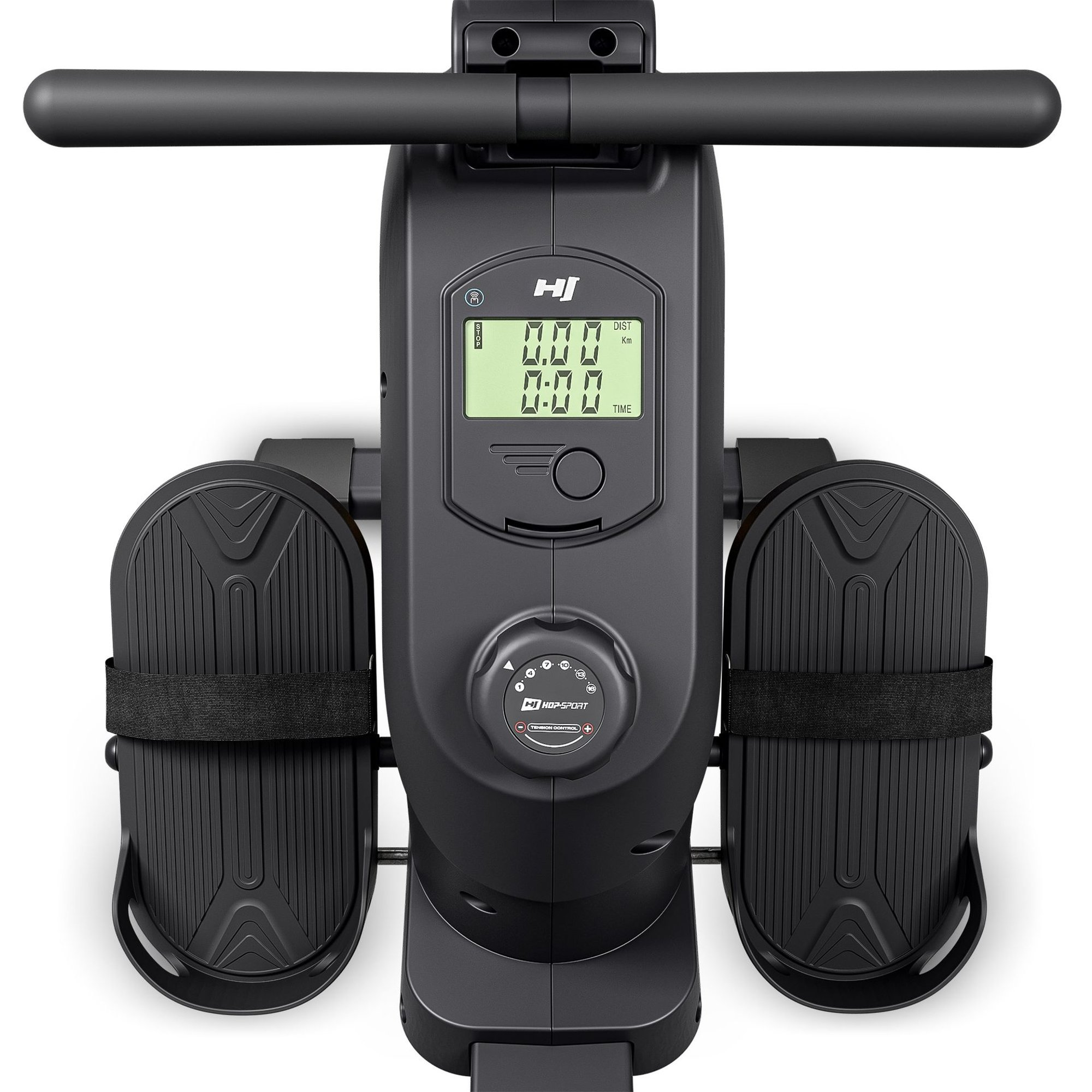 Schwarzes Trainingsgerät von oben mit LCD-Display, Lenker, Fußstützen und Widerstandsregler.