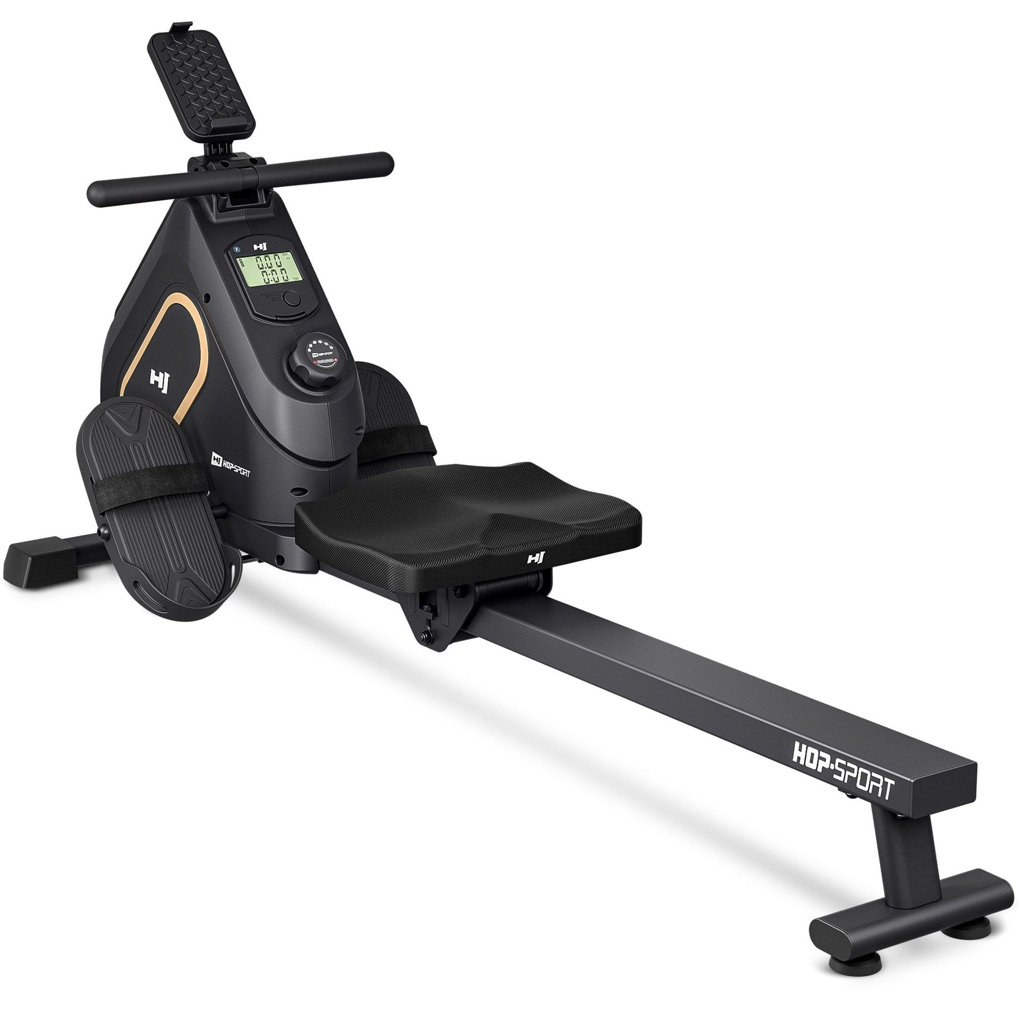 Ein schwarzes Rudergerät mit Display, Sitz, Fußstützen und dem Markennamen HOP-SPORT auf dem Ausleger.