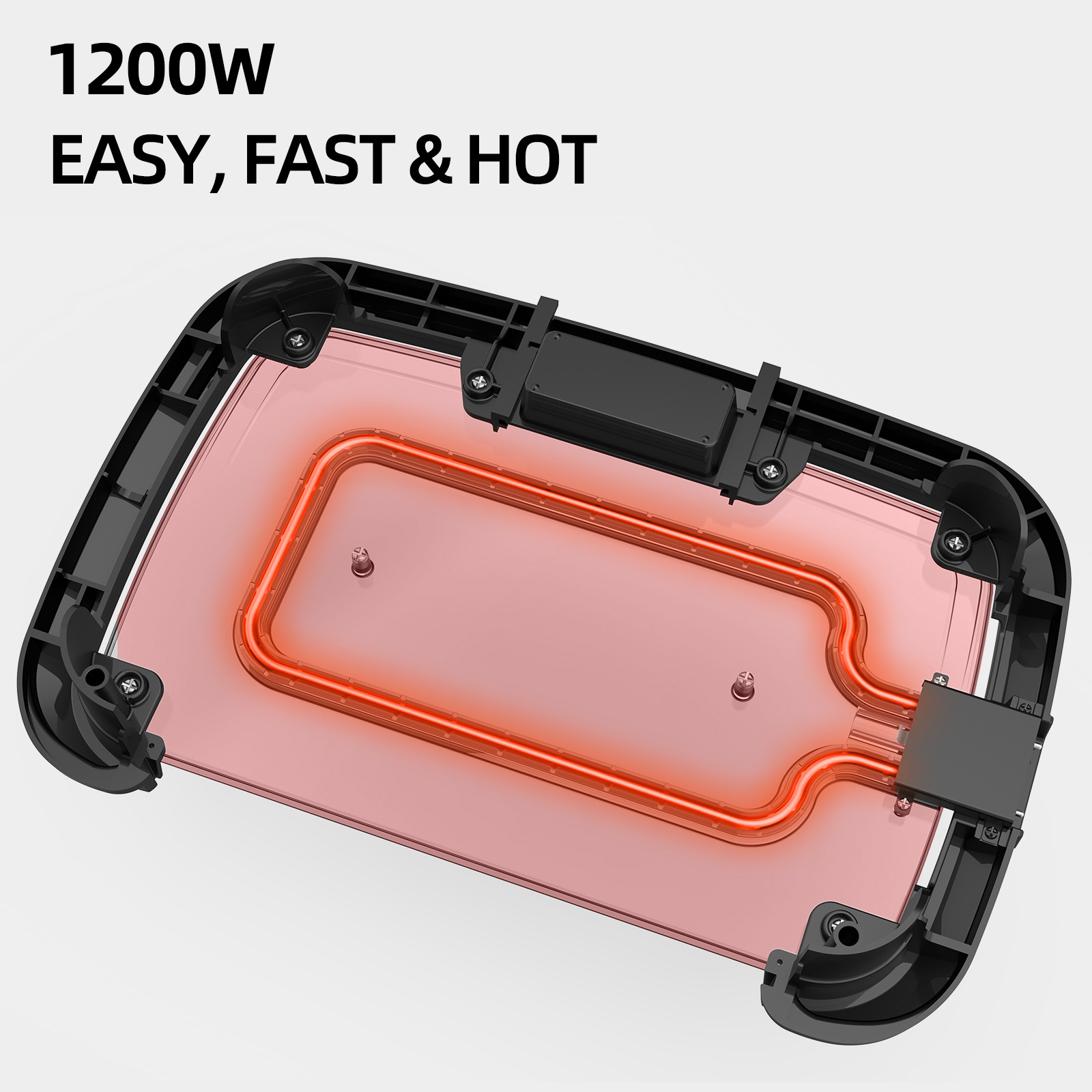 1200W Heizelement mit roter Hitzegrafik auf schwarzem Rahmen.