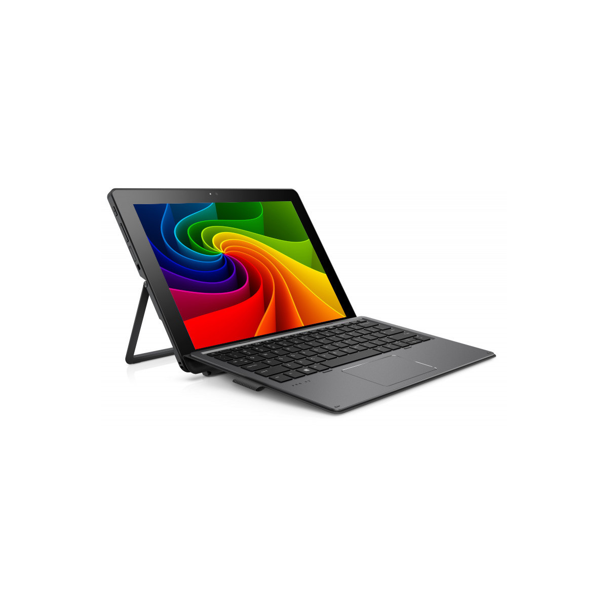 Ein schwarzes Tablet mit abnehmbarer Tastatur und Ständer, Bildschirm zeigt ein buntes Wirbelmuster.