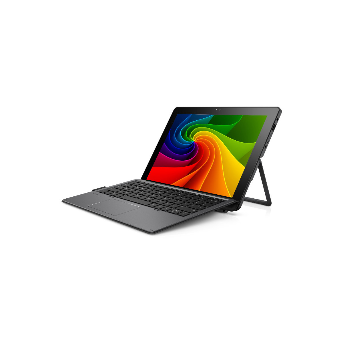 Ein schwarzes Tablet mit abnehmbarer Tastatur steht auf weißem Grund und zeigt ein buntes, wirbelndes Hintergrundbild.