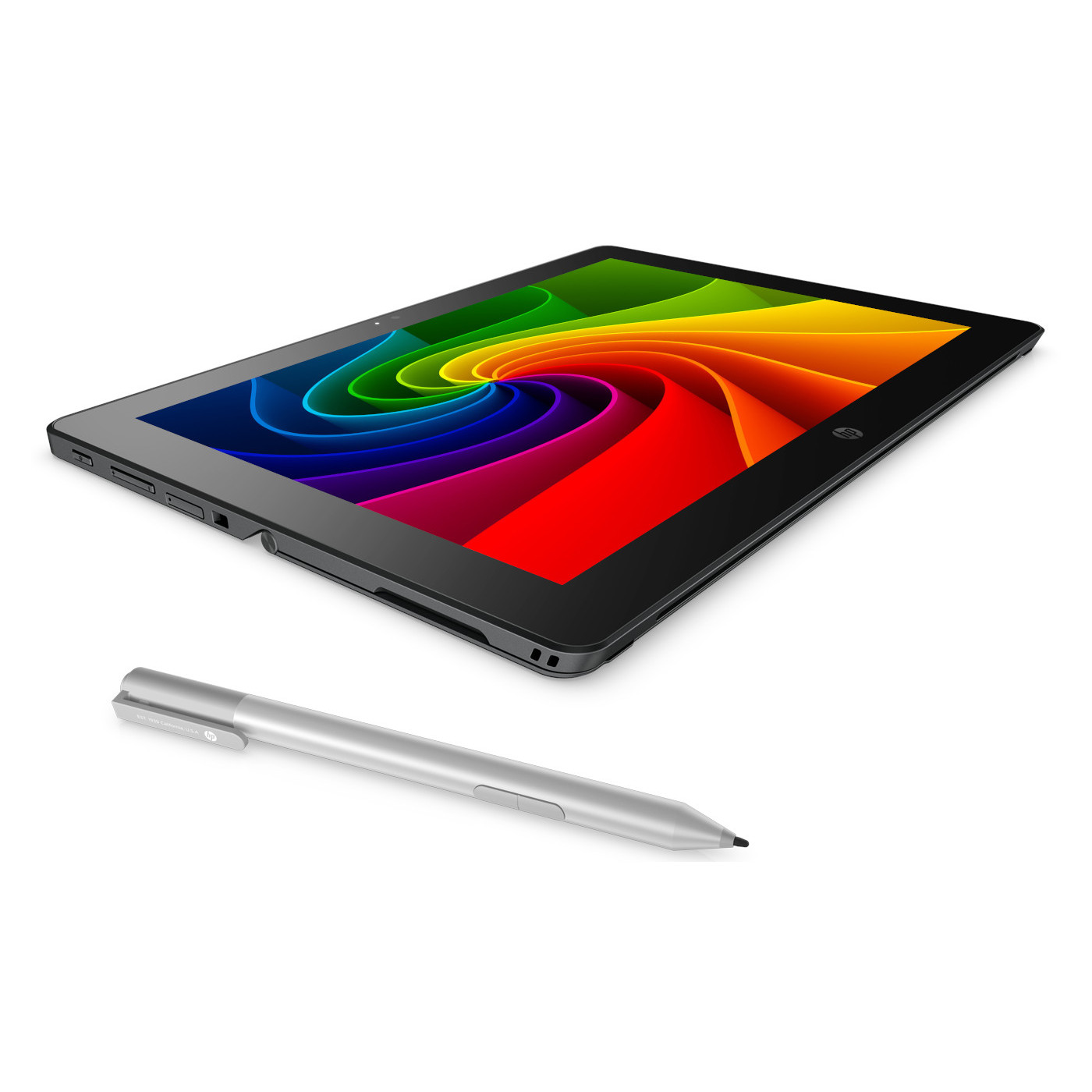 Ein schwarzes Tablet mit Regenbogen-Spiralbildschirm liegt neben einem silbernen Eingabestift.
