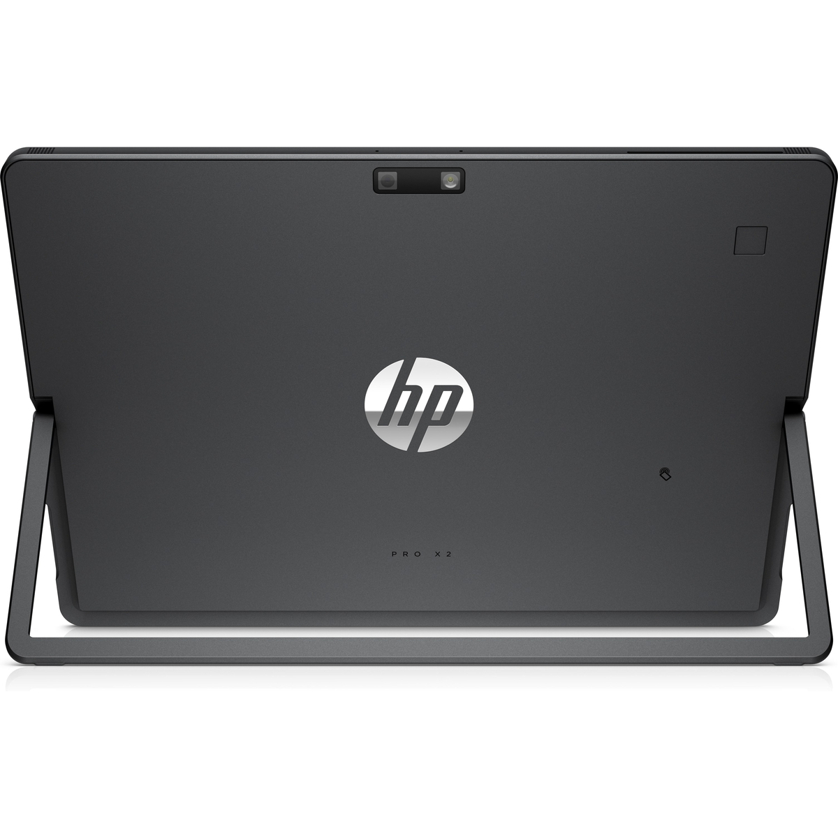 Rückansicht eines dunkelgrauen HP Pro x2 Tablets mit ausgeklapptem Standfuß auf weißer Fläche.