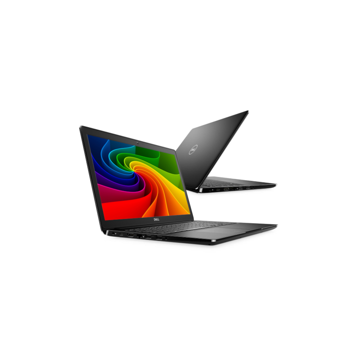 Zwei schwarze Dell-Laptops vor weißem Hintergrund; einer zeigt einen bunten Wirbel auf dem Bildschirm.