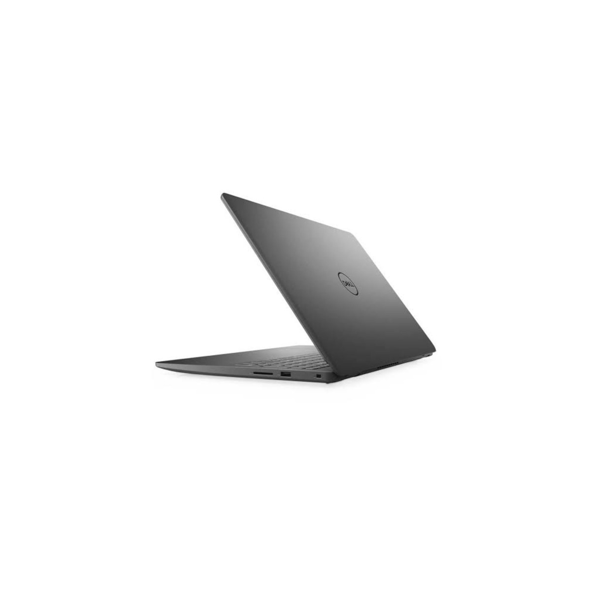Ein geschlossener grauer Dell Laptop steht auf einer weißen Oberfläche mit sichtbarem Logo.