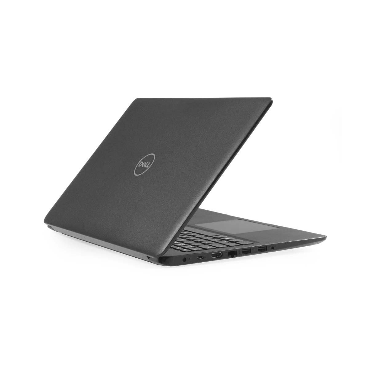 Ein schwarzer Dell-Laptop steht auf einer weißen Oberfläche, die Tastatur ist leicht sichtbar.