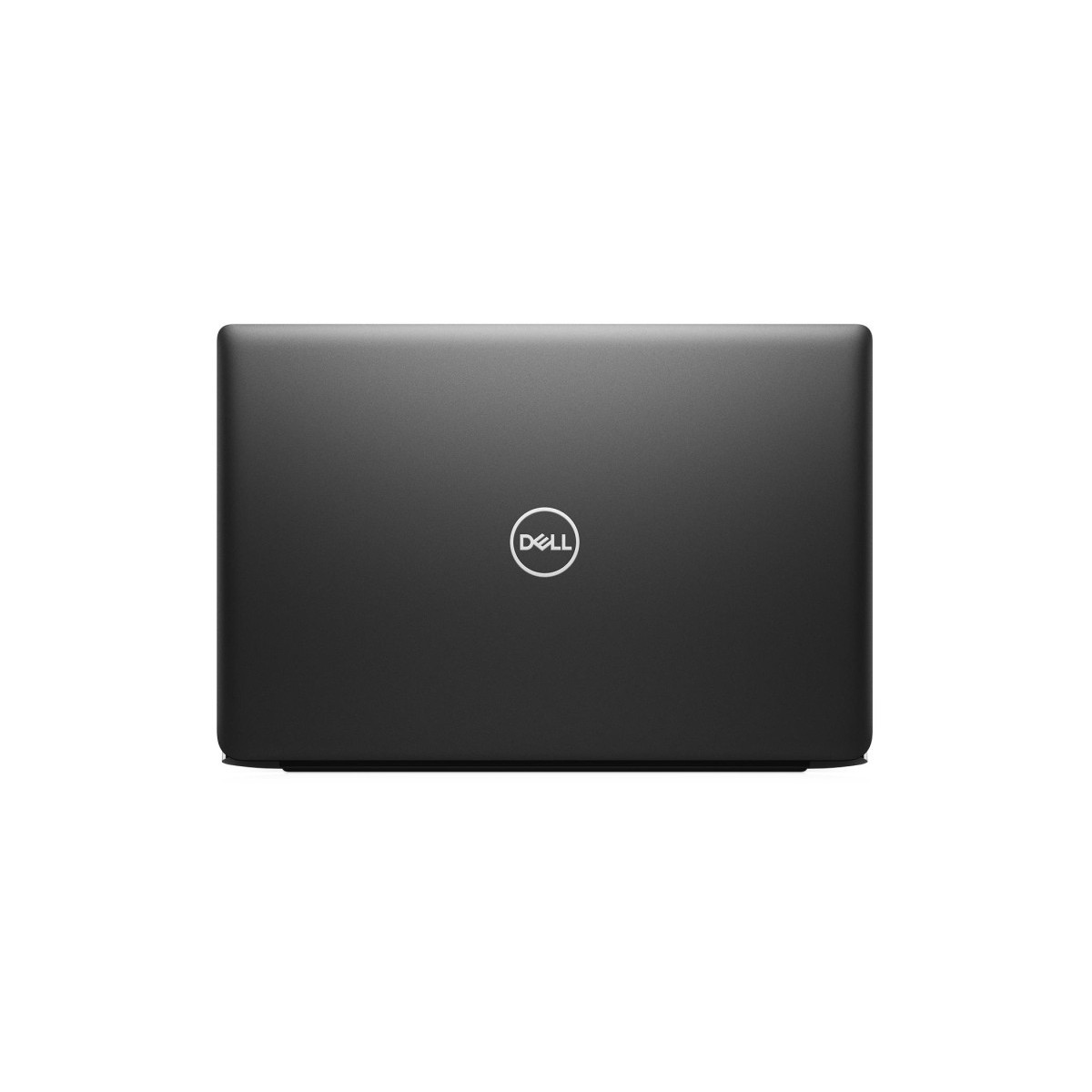 Ein geschlossener schwarzer Dell Laptop auf weißem Hintergrund mit dem silbernen Logo in der Mitte.