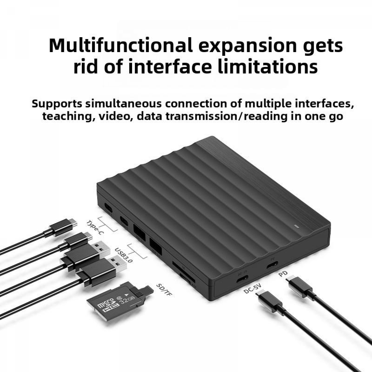 Schwarzer USB-Hub mit mehreren Anschlüssen, Kabeln und einer SD-Karte auf weißem Hintergrund.