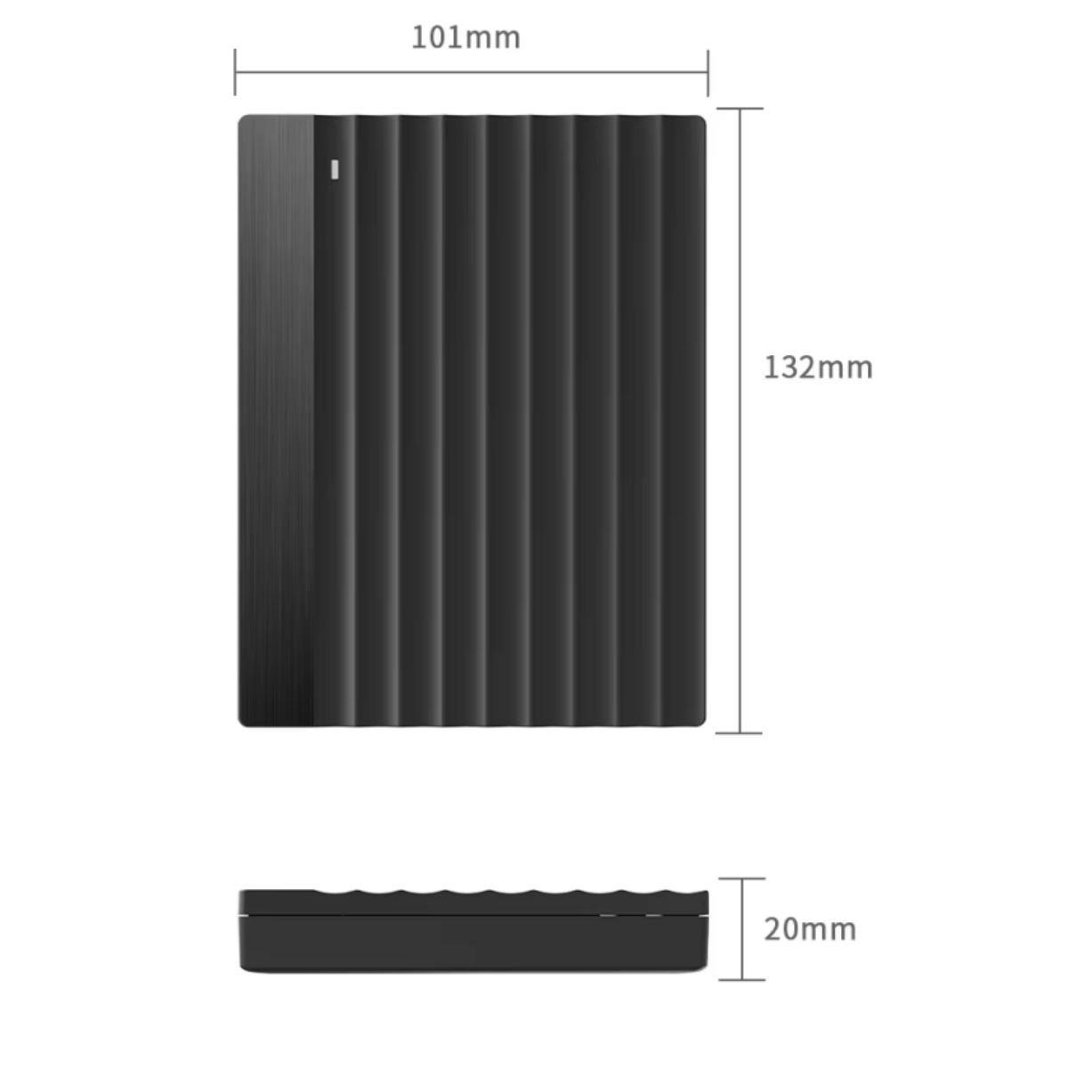 Technische Zeichnung einer schwarzen externen Festplatte mit Maßen von 101mm x 132mm x 20mm.