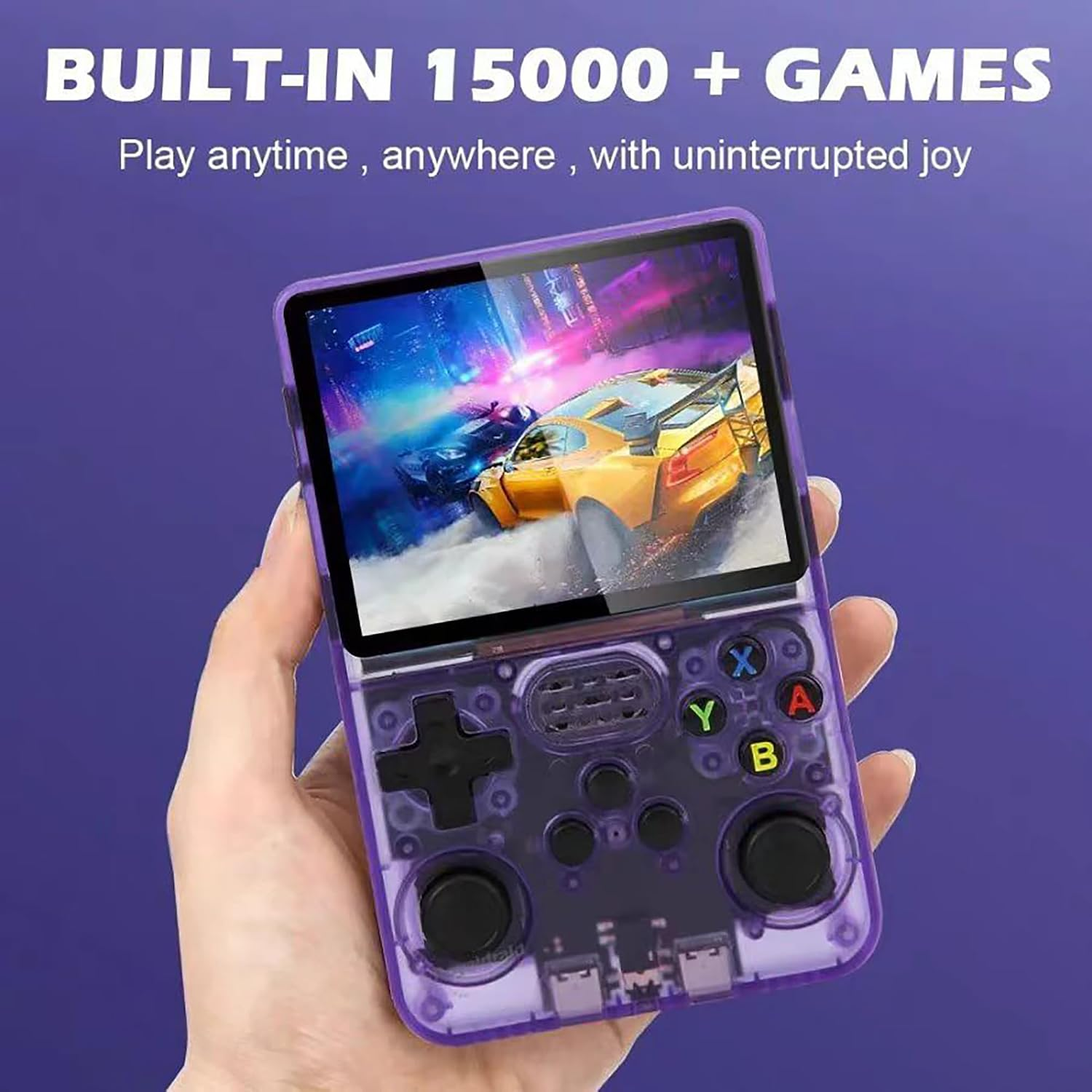 Lila Handheld-Spielekonsole mit Bildschirm und Tasten, gehalten in einer Hand.