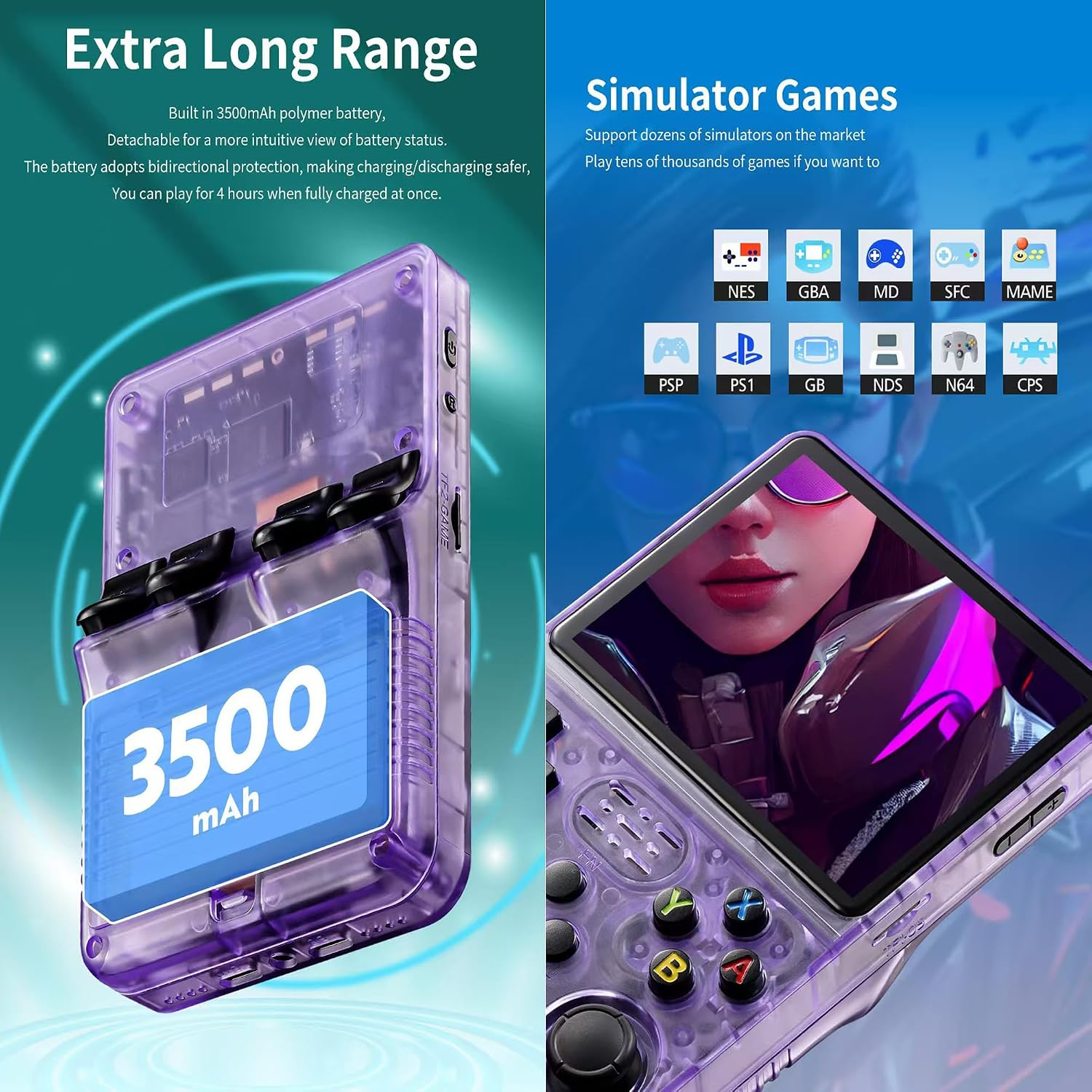 Lila transparente Retro-Spielekonsole mit 3500mAh Akku und verschiedenen Simulator-Unterstützungen.