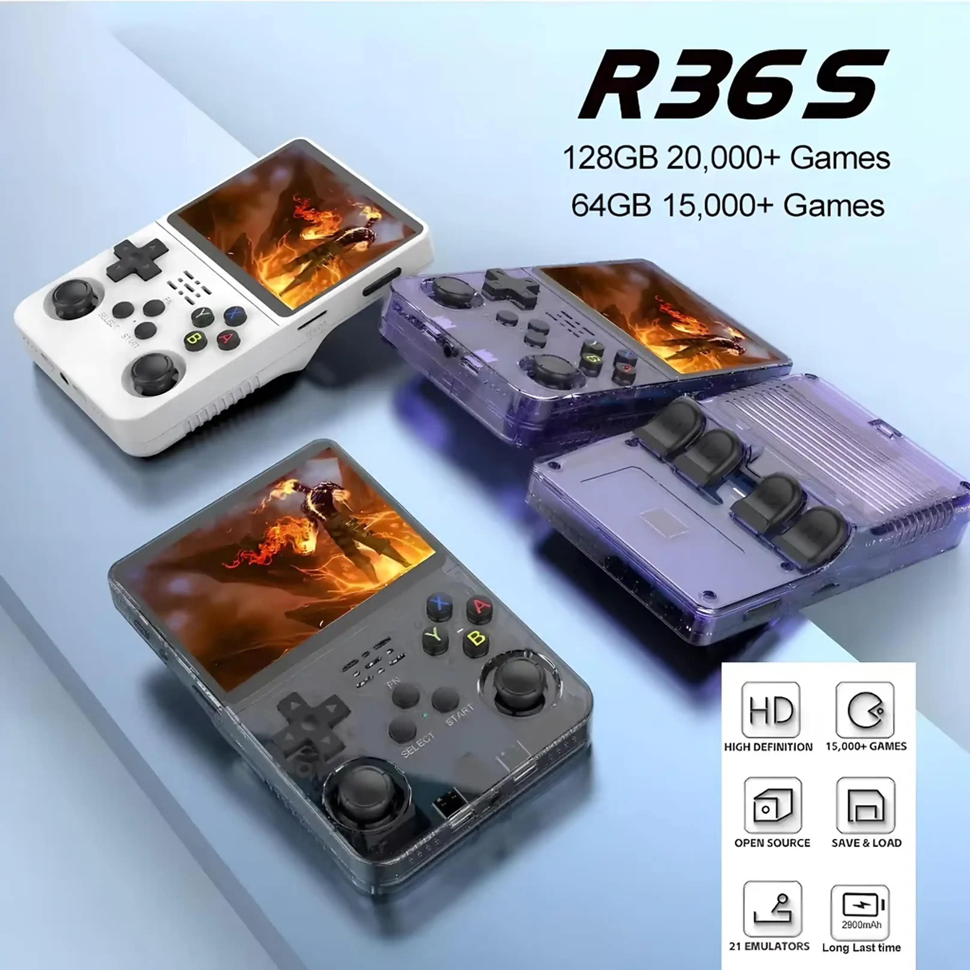 Drei R36S Handheld-Spielekonsolen in Weiß und Violett vor blauem Hintergrund mit Werbetext.