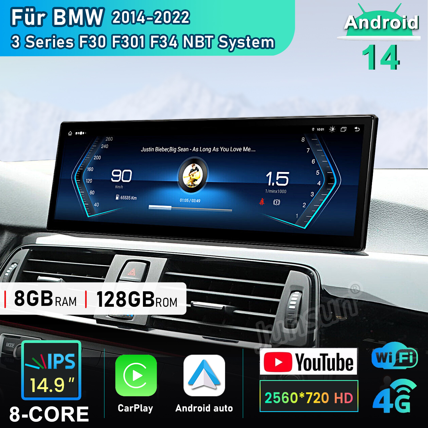 Ein BMW Armaturenbrett mit einem großen Android-14-Display, das Navigation und Multimedia anzeigt.