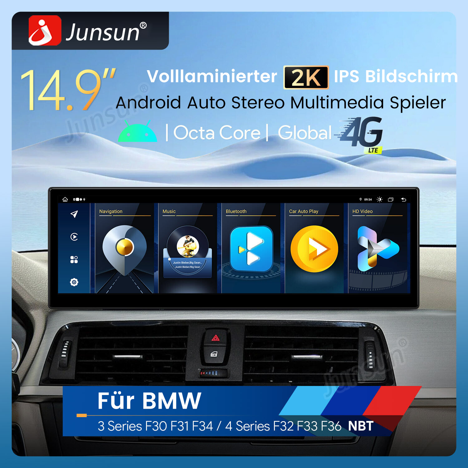Ein 14,9-Zoll-Touchscreen-Autoradio für BMW mit Hauptmenü für Navigation, Musik und Bluetooth.