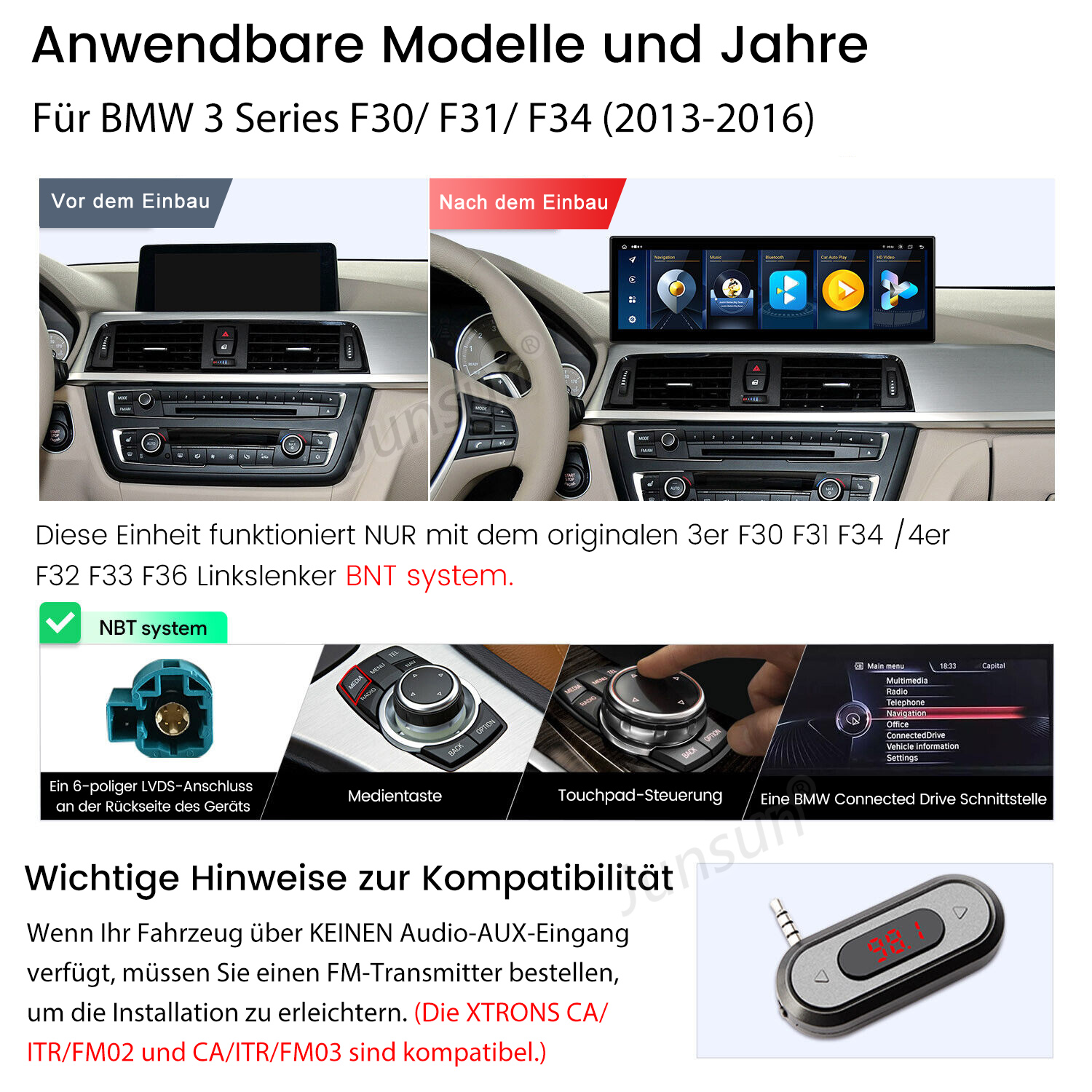 Vergleich von BMW-Cockpit vor und nach dem Einbau eines neuen Infotainment-Bildschirms.