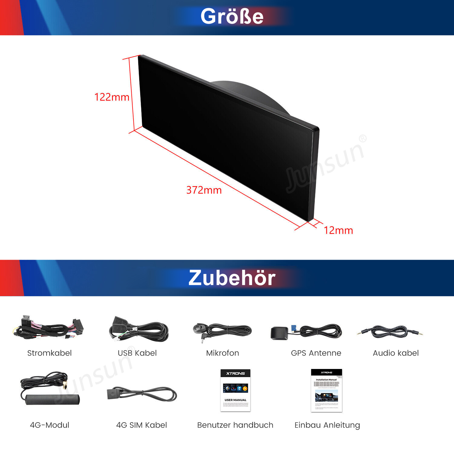 Technische Zeichnung eines Autoradios mit Maßen und Zubehörteilen wie Kabeln und Handbüchern.