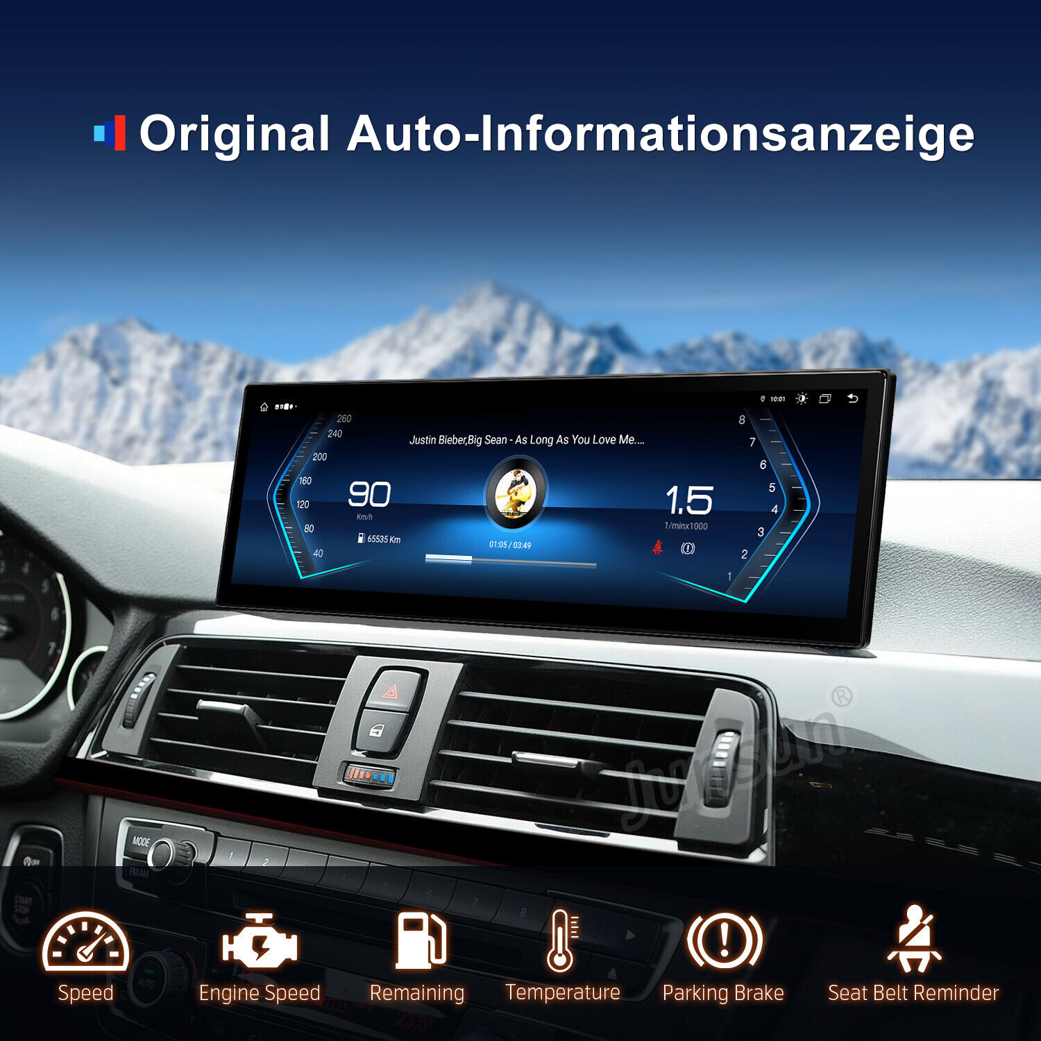 Ein Autoinformationsdisplay zeigt Geschwindigkeit, Drehzahl und Musik an, mit verschneiten Bergen im Hintergrund.