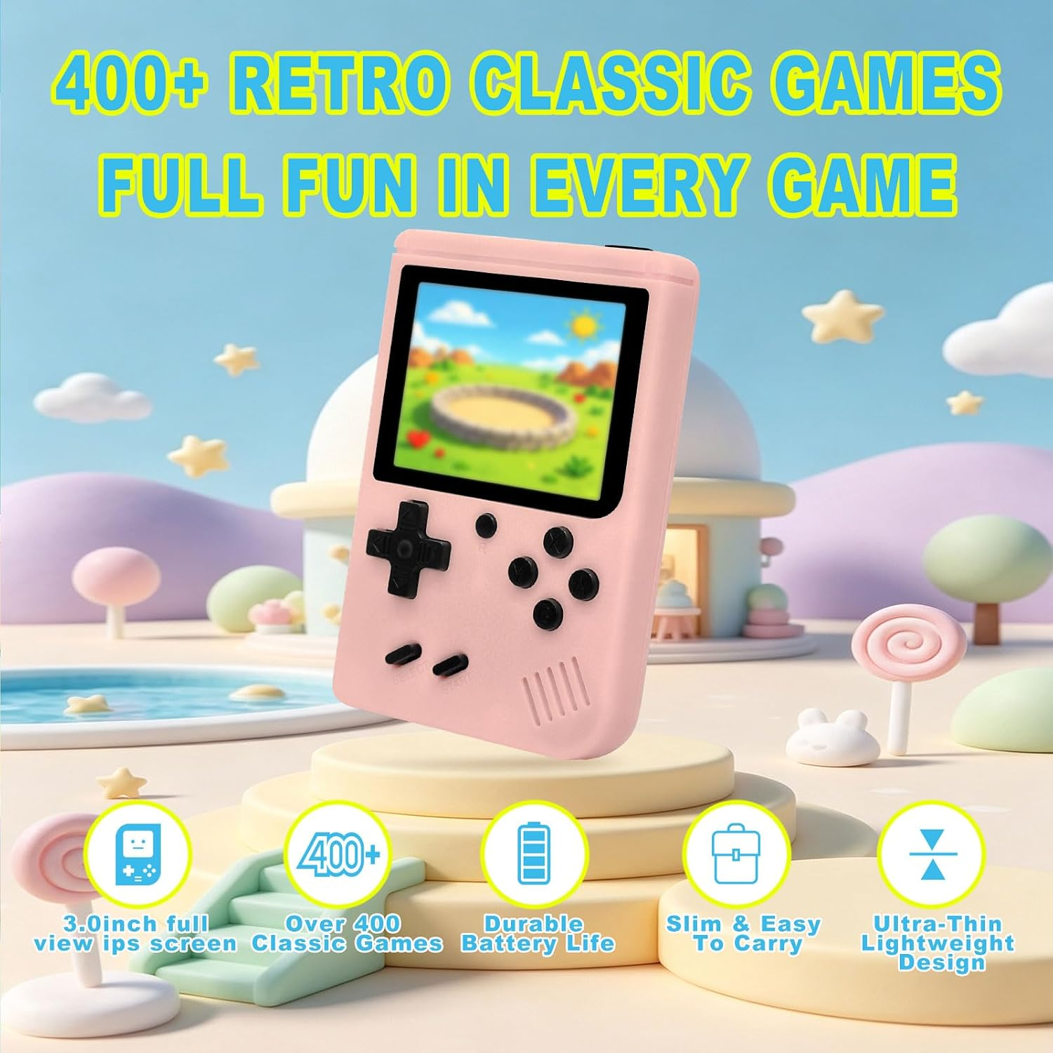 Eine rosa Handheld-Spielkonsole schwebt vor einer pastellfarbenen Traumlandschaft mit Text.