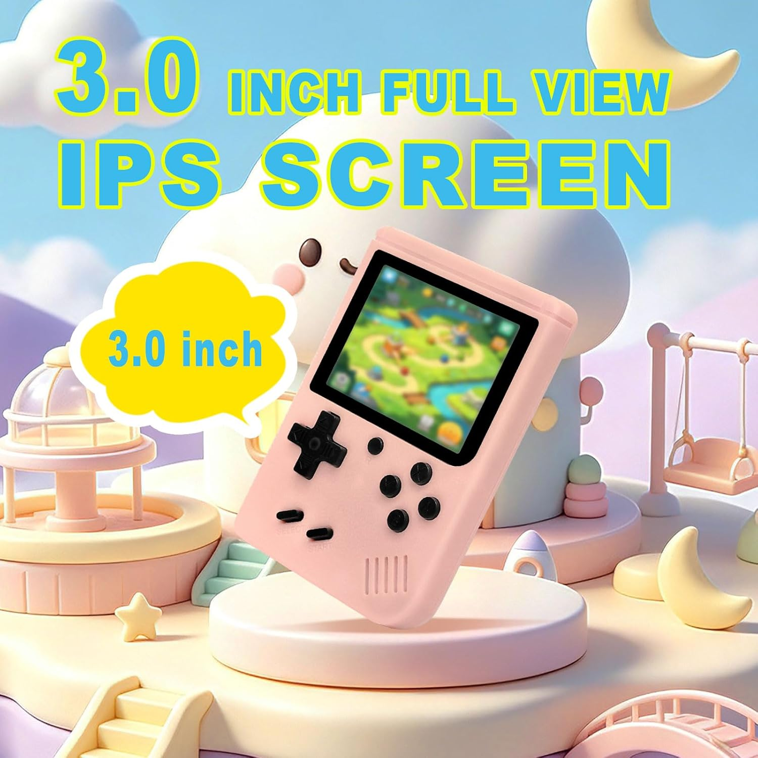 Rosa Handheld-Spielekonsole mit 3,0-Zoll-IPS-Bildschirm vor einer farbenfrohen Fantasiekulisse.