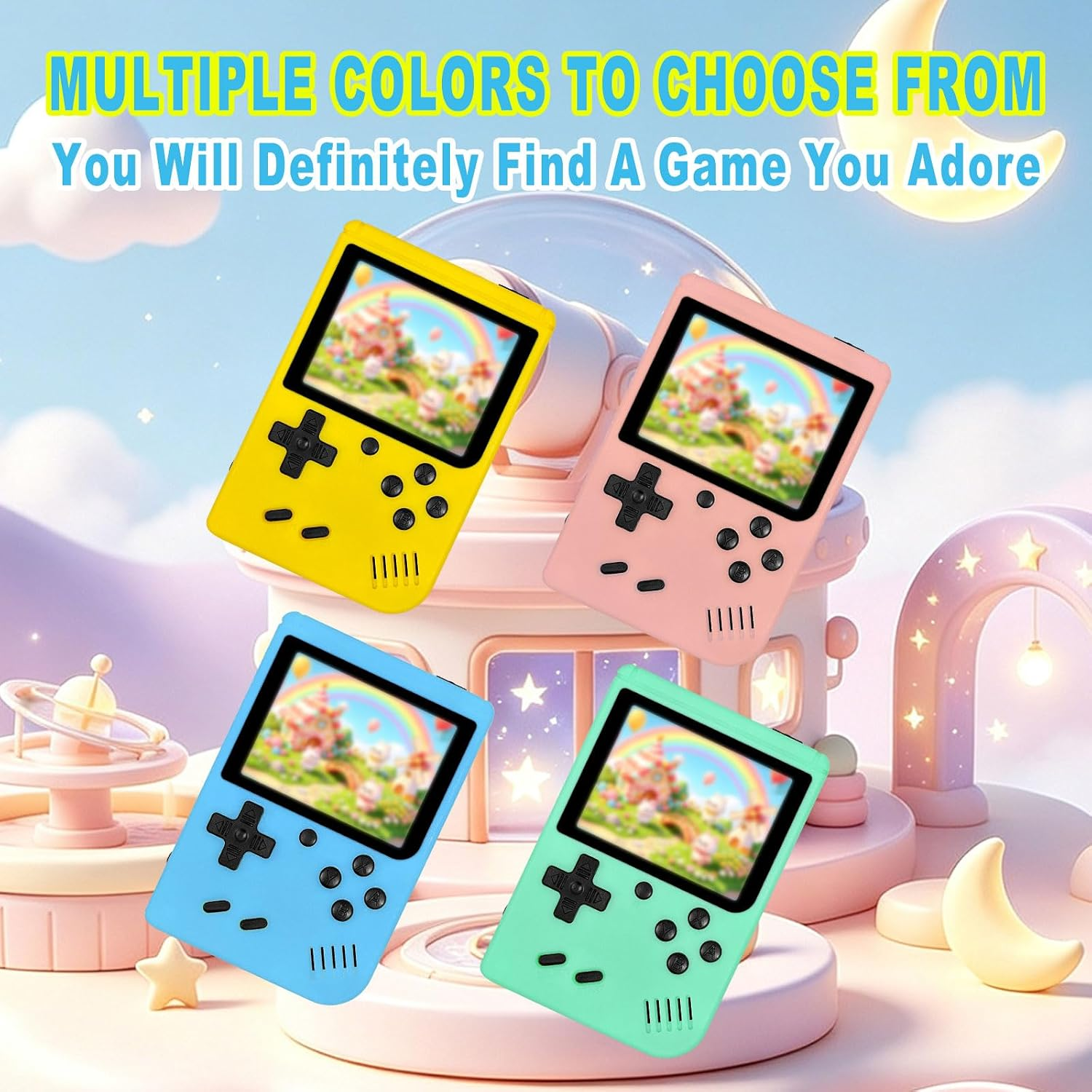 Vier bunte Handheld-Konsolen in Gelb, Pink, Blau und Mint vor einer pastellfarbenen Traumkulisse.
