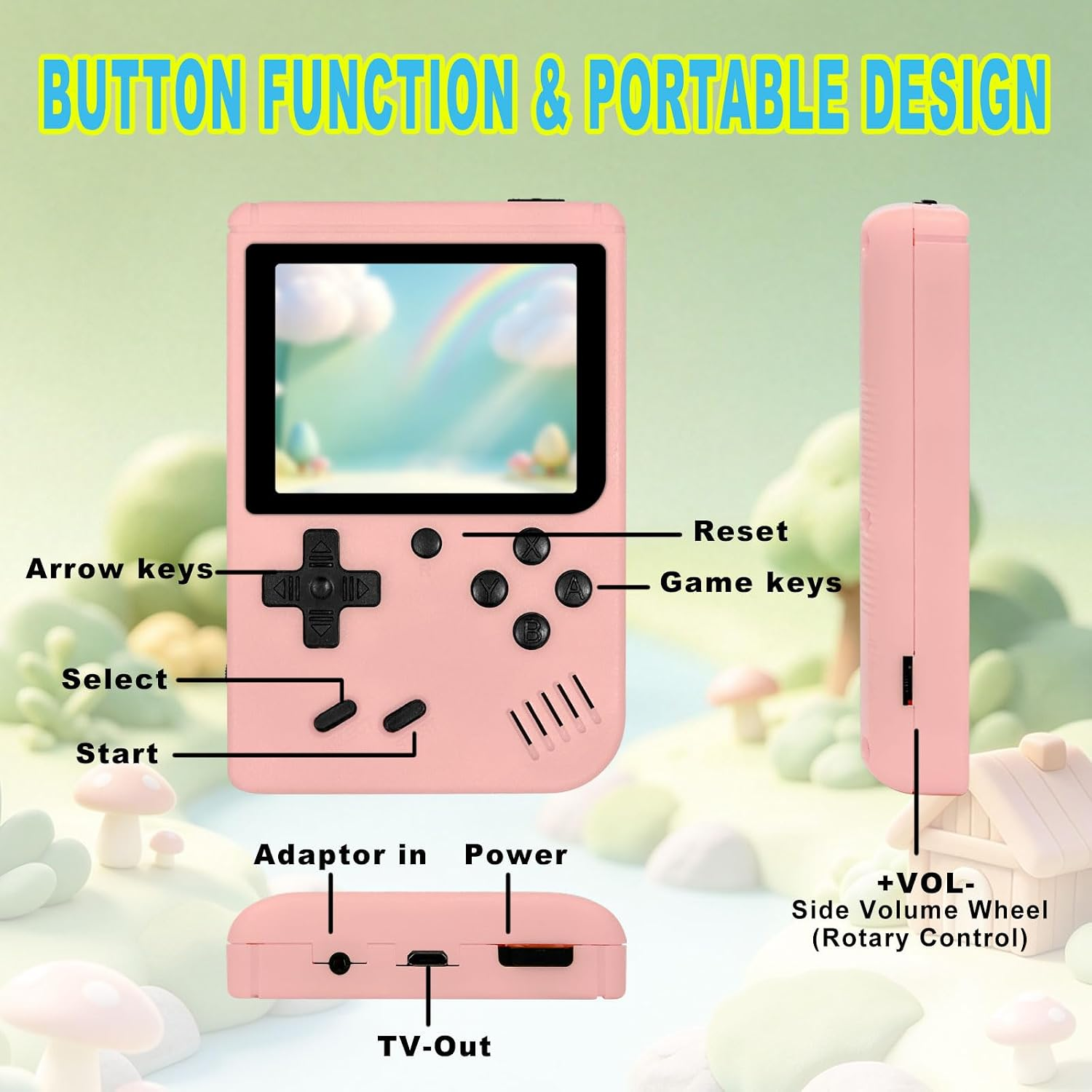 Rosa tragbare Handheld-Spielkonsole mit Tastenfunktionen und Anschlüssen.