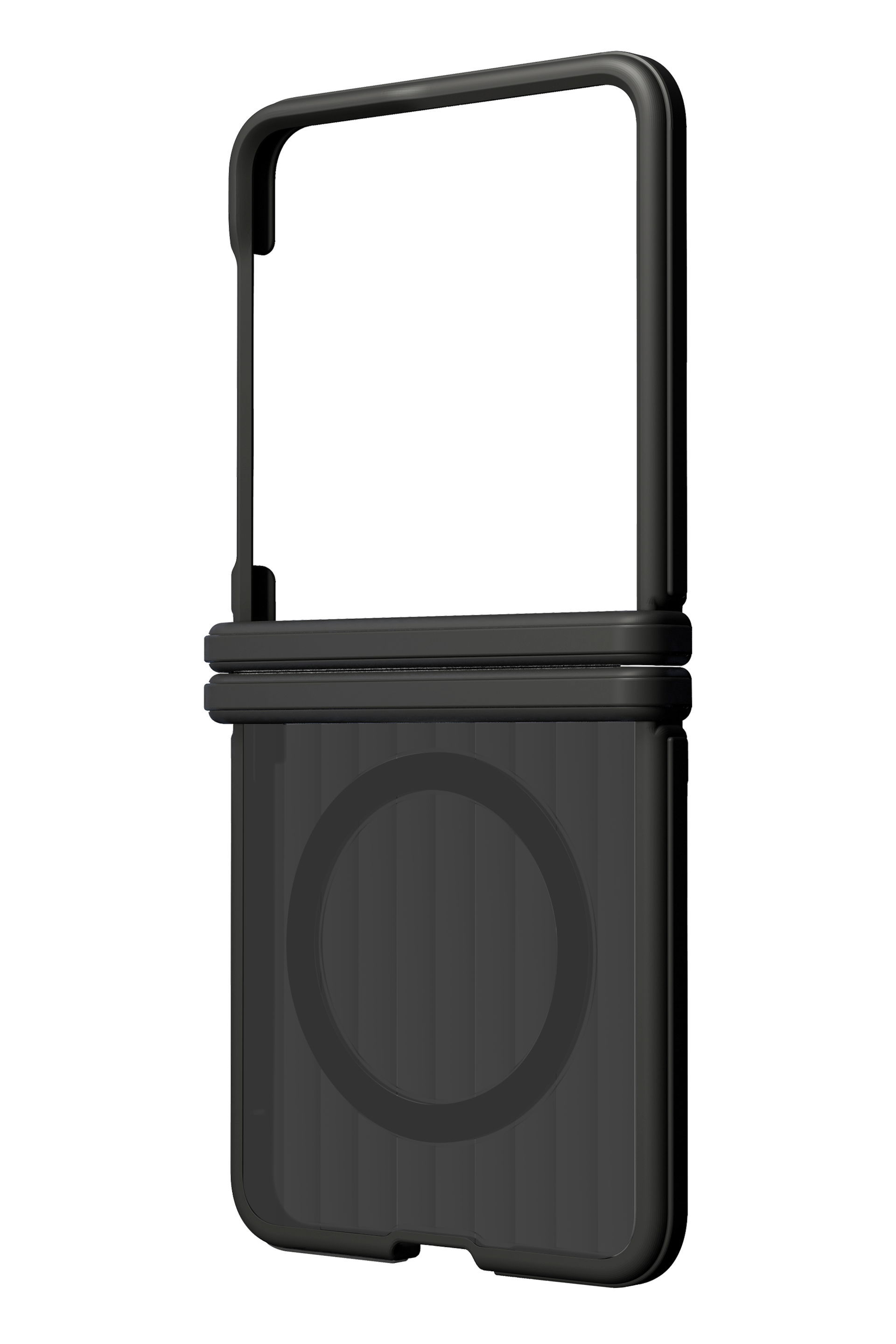 Custodia per telefono pieghevole nera con anello MagSafe circolare integrato sul retro su sfondo nero.