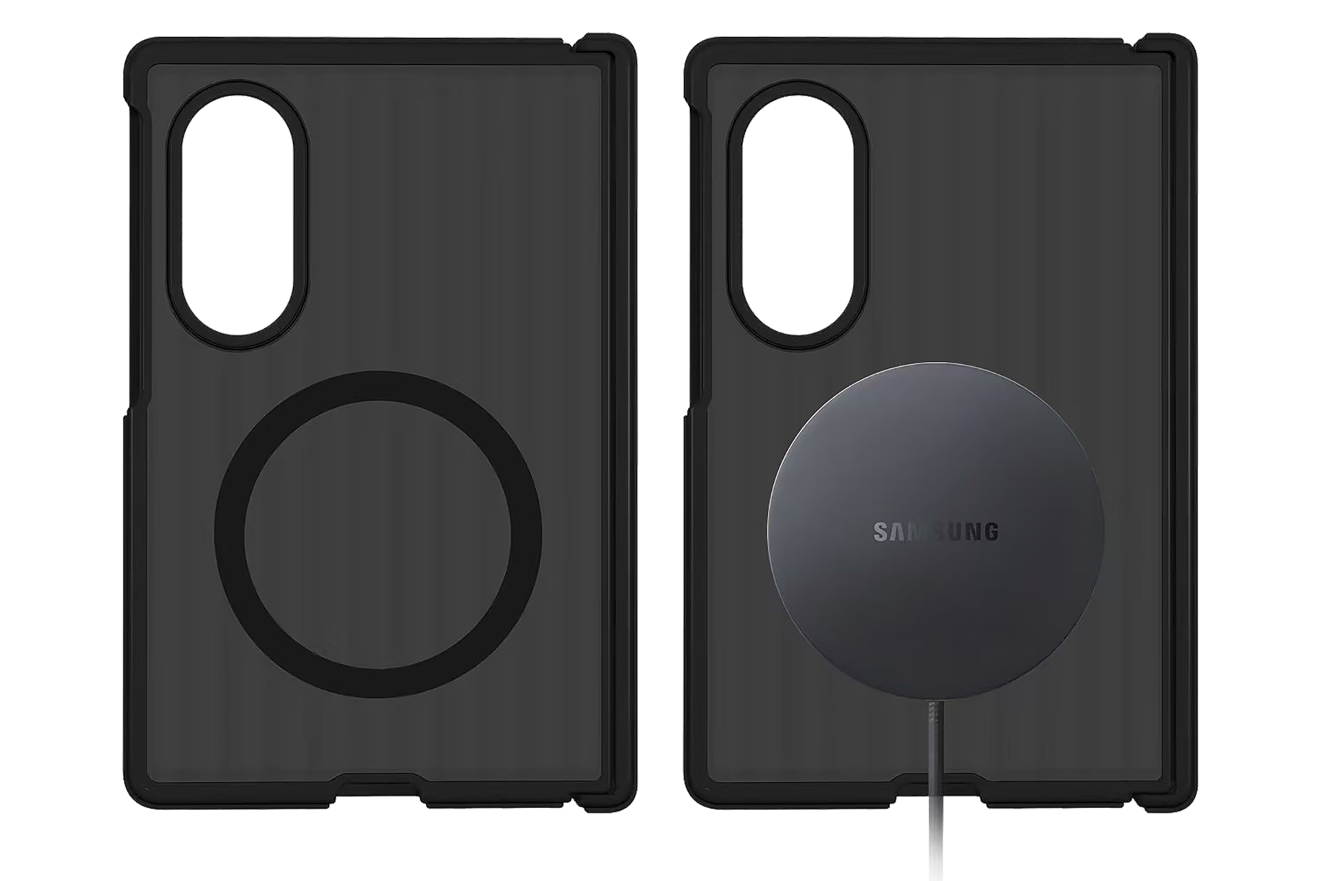 Due custodie nere per telefoni Samsung, una con caricatore wireless magnetico.