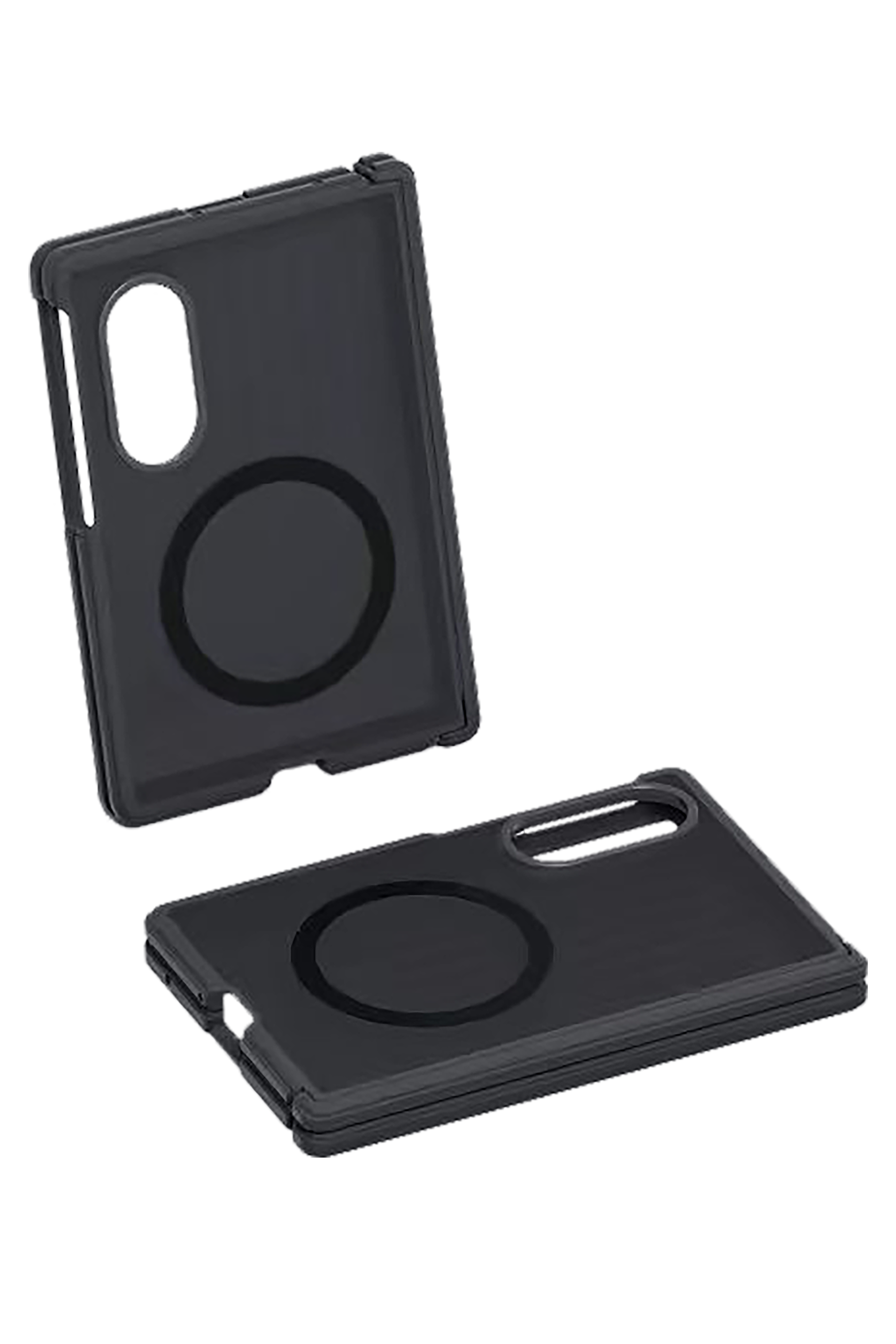 Due custodie per smartphone scure con anelli magnetici su sfondo nero.