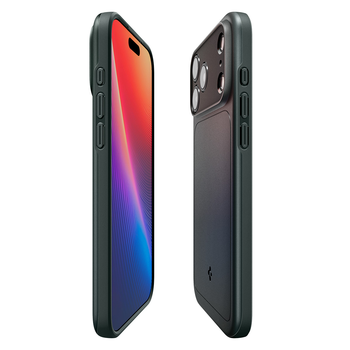 Twee weergaven van een donkergrijze smartphone in beschermhoes met kleurrijk scherm en camera.