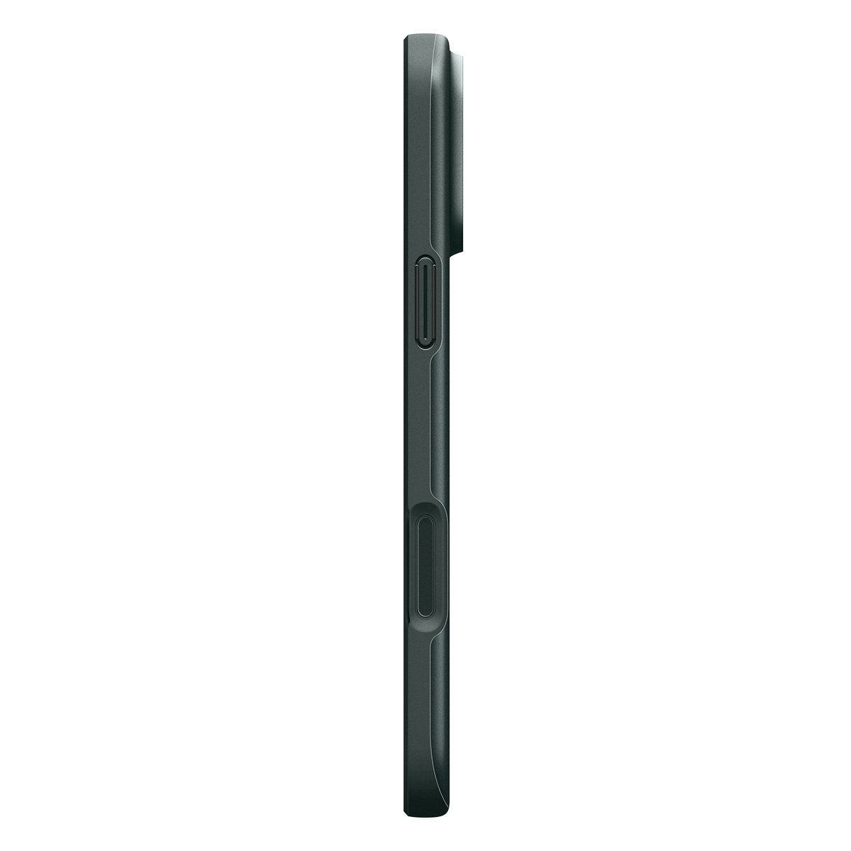 Zijaanzicht van een donkere smartphone in beschermhoes met zichtbare knoppen.