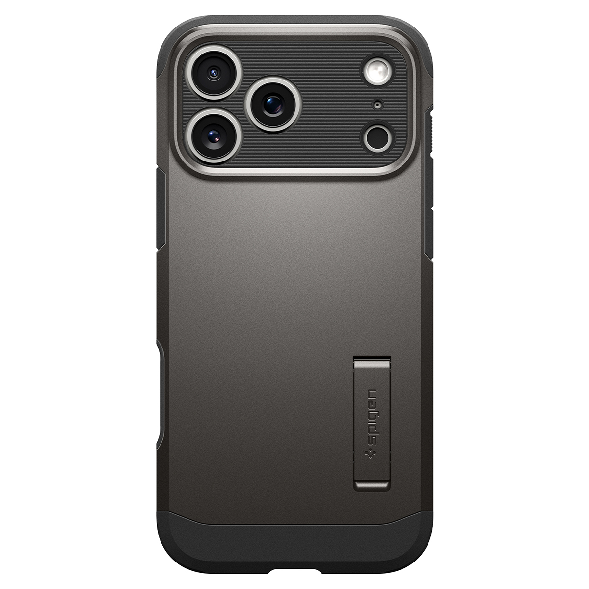 Coque de smartphone grise avec module triple caméra, texture côtelée en haut et béquille intégrée.