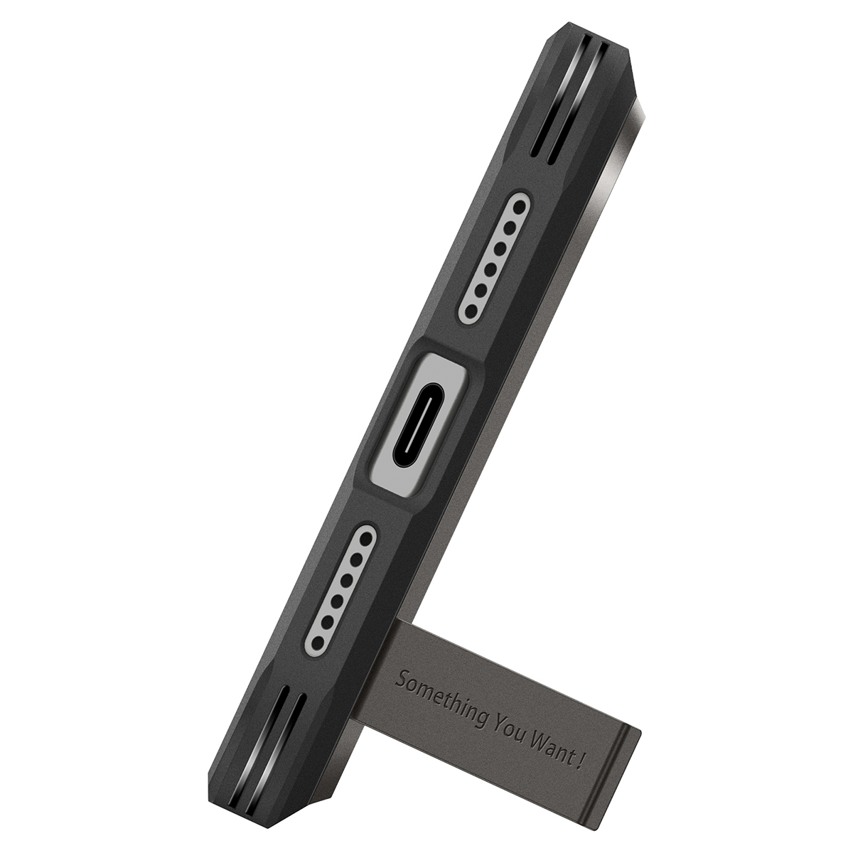 Un appareil électronique noir avec support intégré et grilles de haut-parleur sur fond blanc.