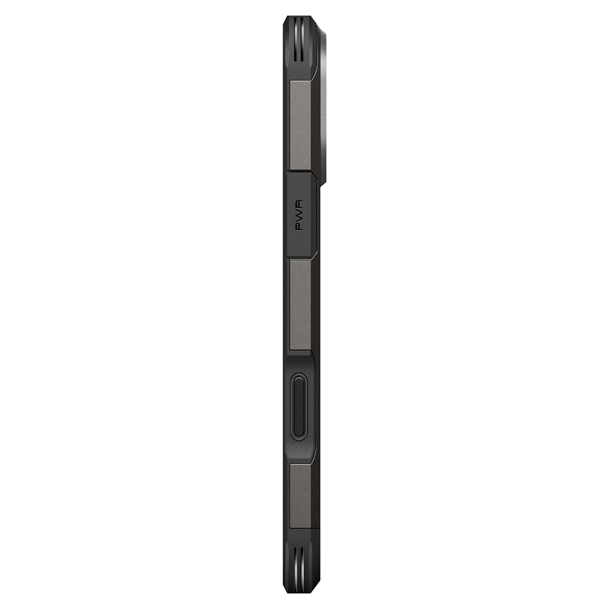 Vue latérale d'une coque de smartphone noire et robuste avec des boutons.