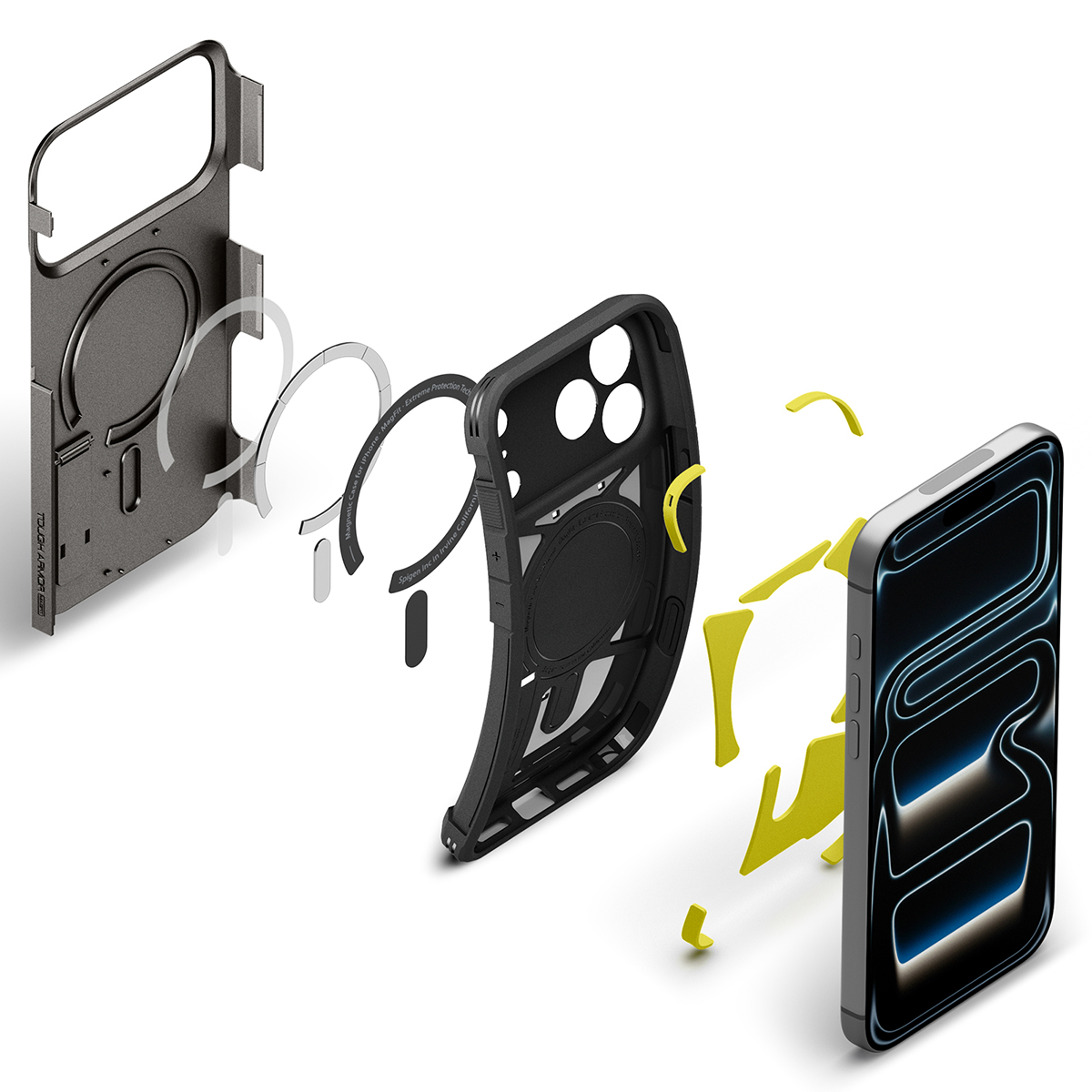 Vue éclatée d'une coque de téléphone montrant ses différentes couches et le smartphone.