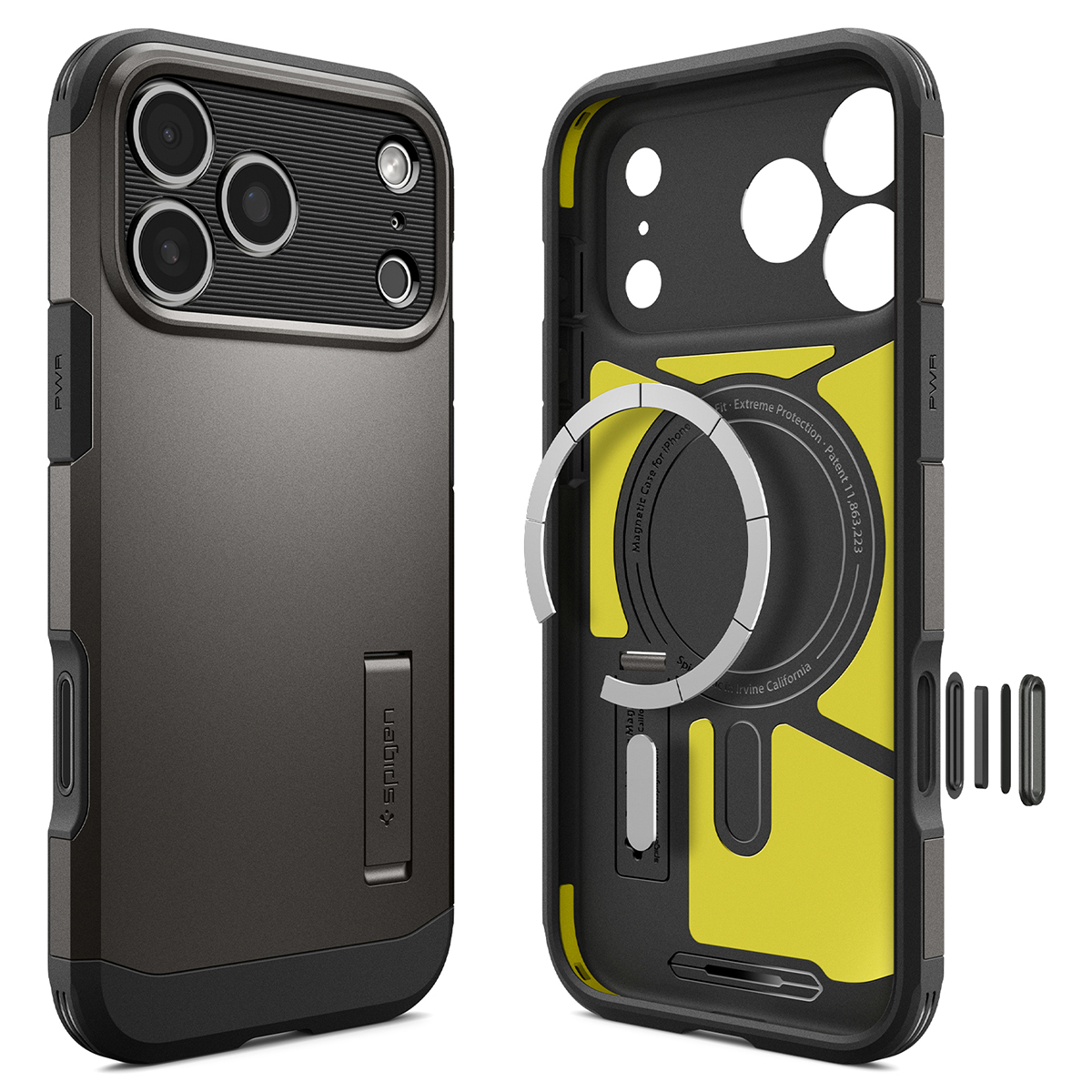 Coque de téléphone noire et jaune vue de face et de dos, avec béquille et anneau magnétique.