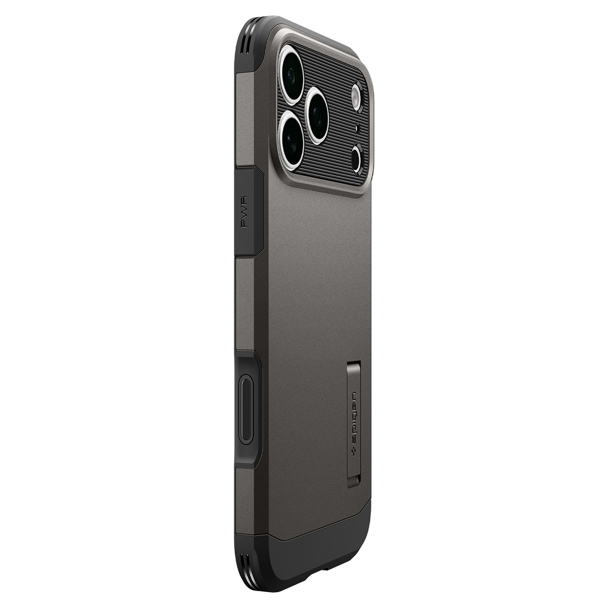 Coque de protection noire avec découpe pour appareil photo, dos texturé, bouton d'alimentation et béquille latérale.