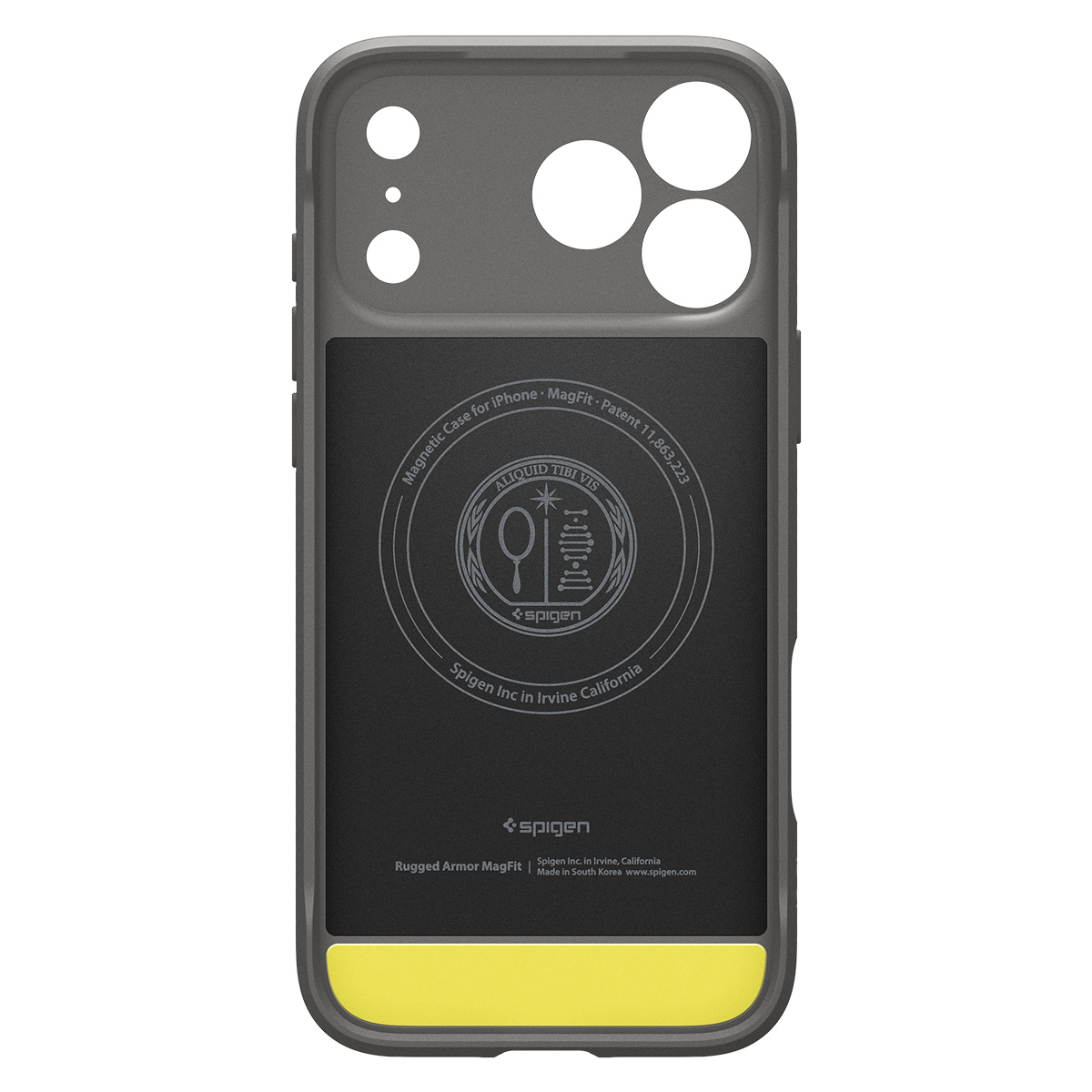 Grijze telefoonhoes met cirkelvormig magnetisch ontwerp, Spigen-logo en een gele accentkleur onderaan.