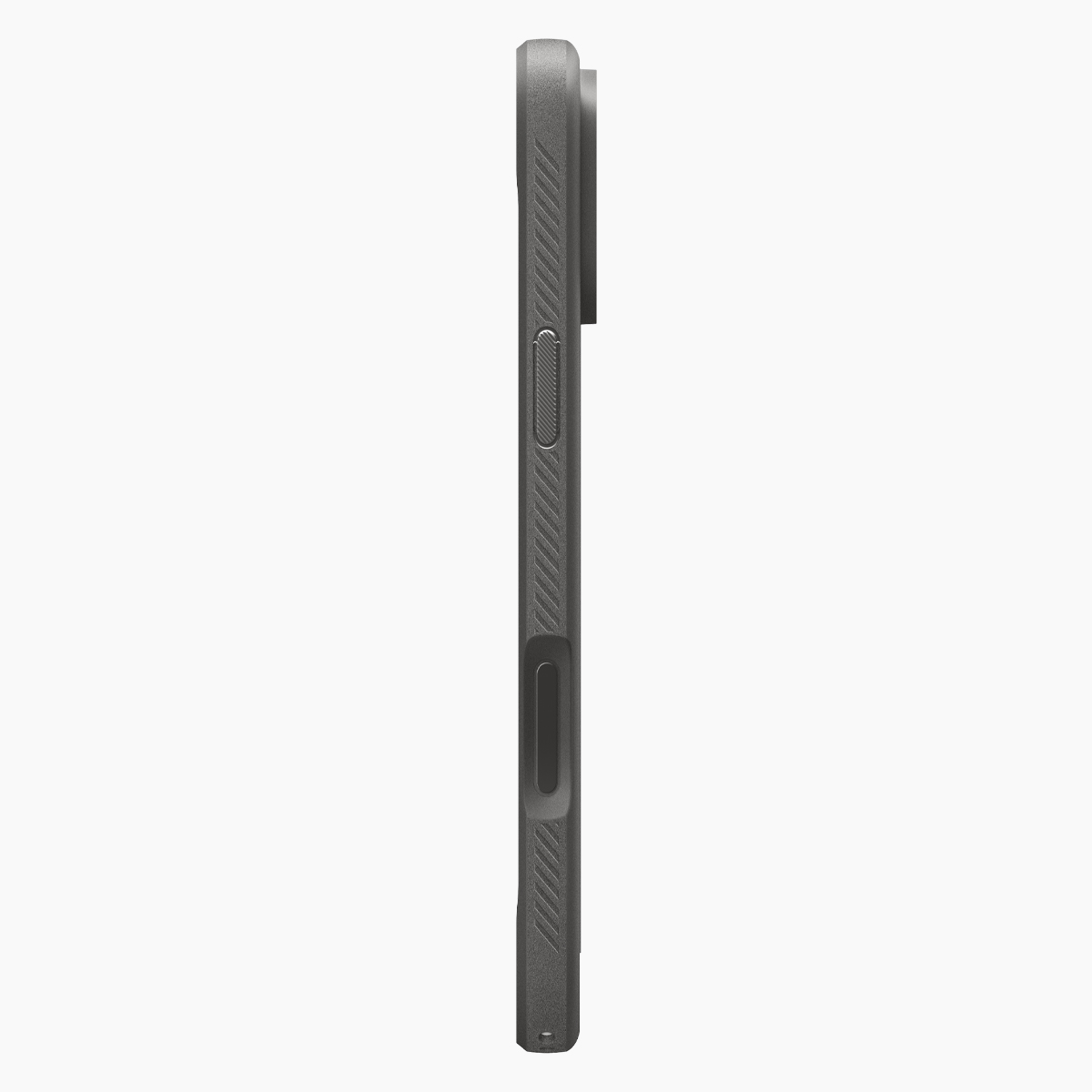 Zijaanzicht van een grijs smartphonehoesje met knoppen en uitsparing voor de camera tegen een witte achtergrond.