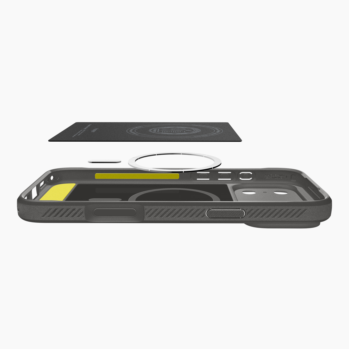 Exploded view van een zwarte telefoonhoes met gele accenten en magnetische ring.