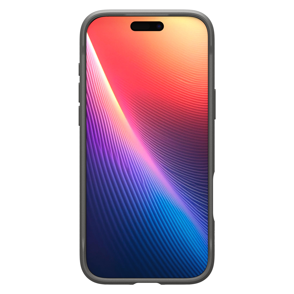 Een smartphone in een hoesje toont een abstraherend kleurverloop in rood, paars en blauw.