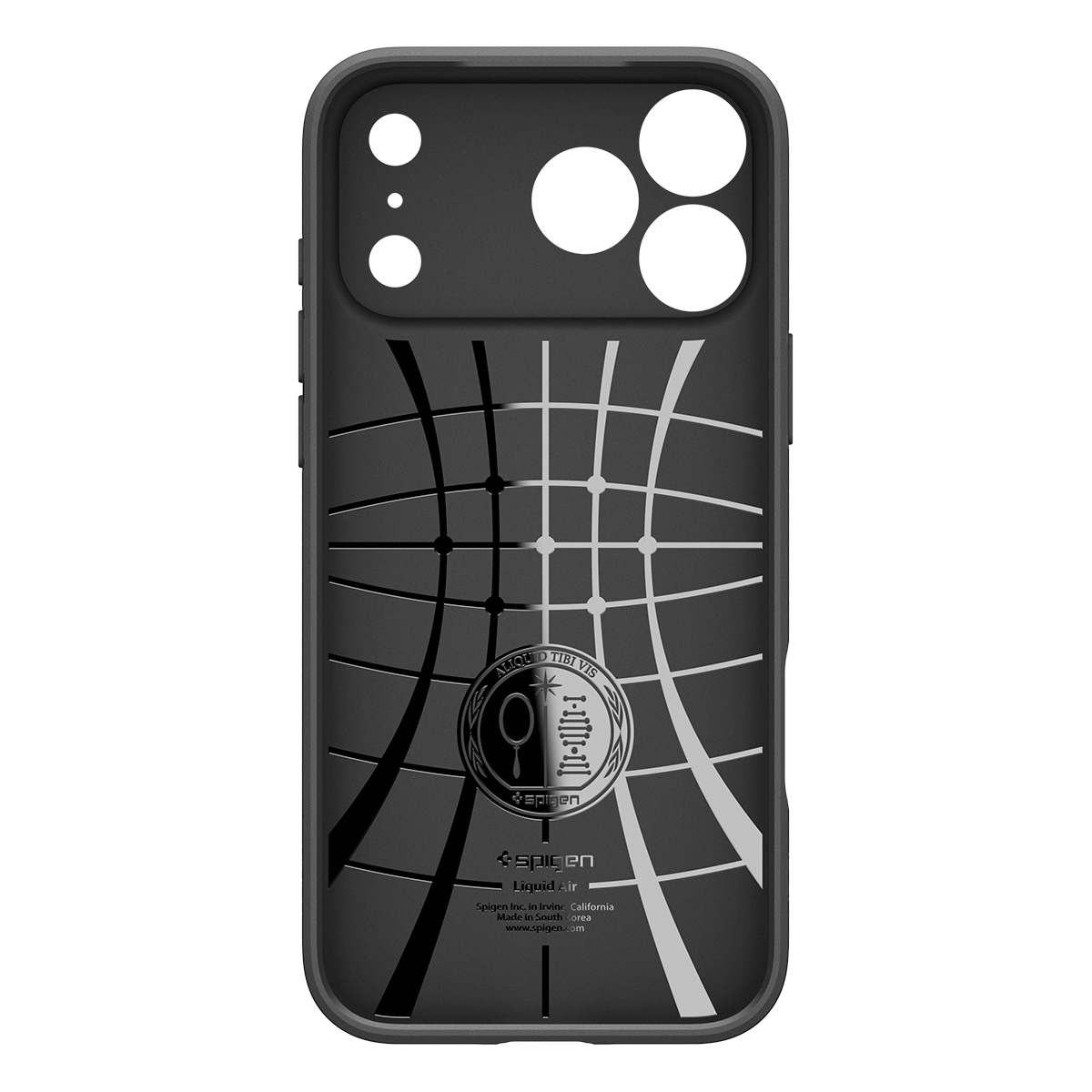 Zwarte Spigen-telefoonhoes met gebogen gridpatroon en cirkelvormig merklogo op de achterkant.