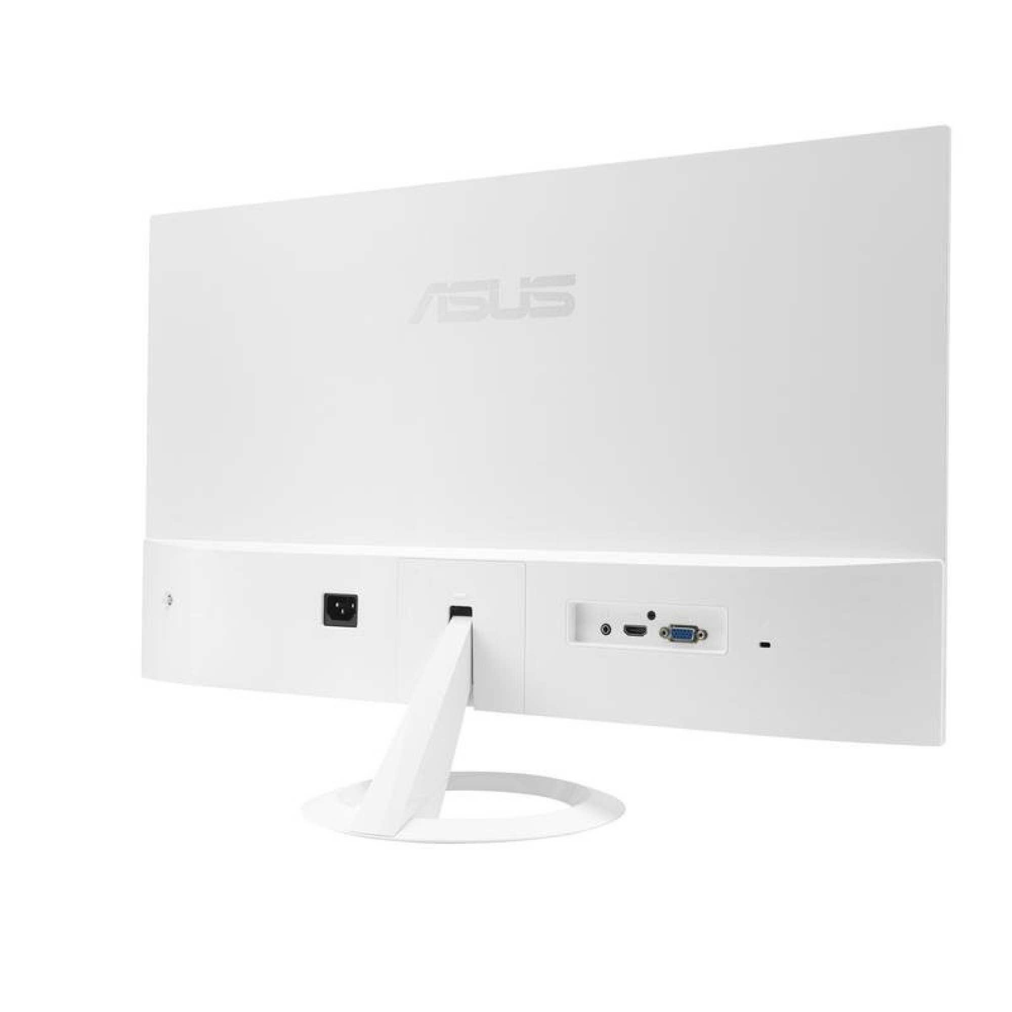 Retro di un monitor ASUS bianco con supporto e porte di connessione.