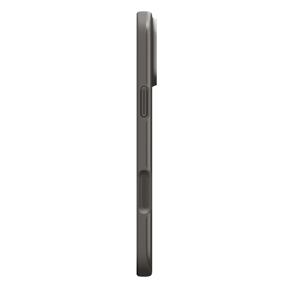 Zijaanzicht van een donker beschermhoesje voor een smartphone met knoppen op een witte achtergrond.