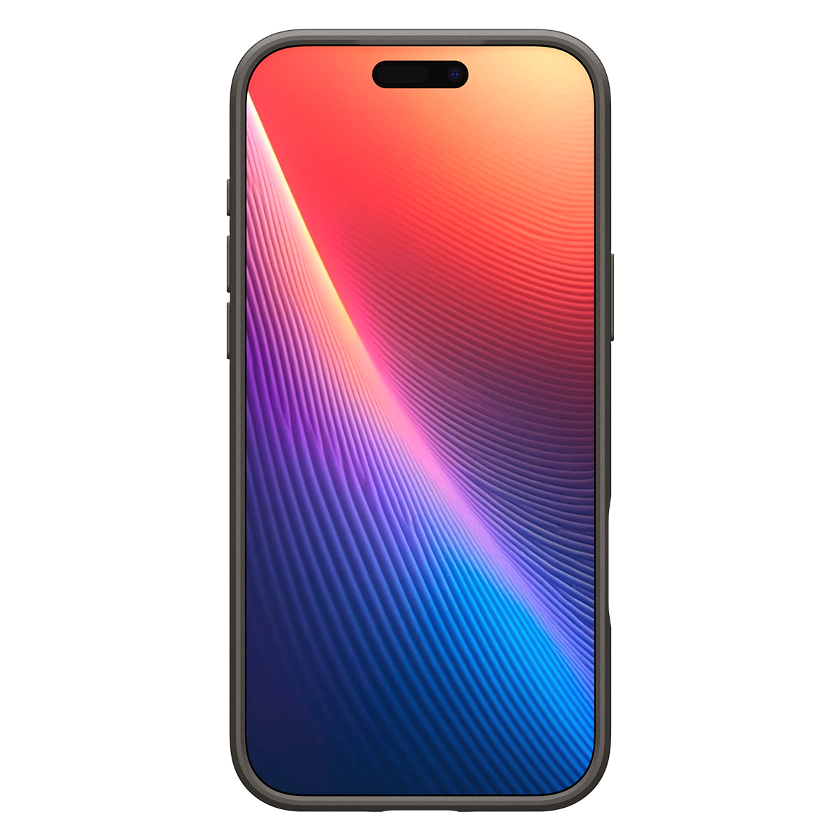 Een smartphone in een donker hoesje toont een levendig, abstract achtergrond zwarte met rode, paarse en blauwe golvende lijnen.