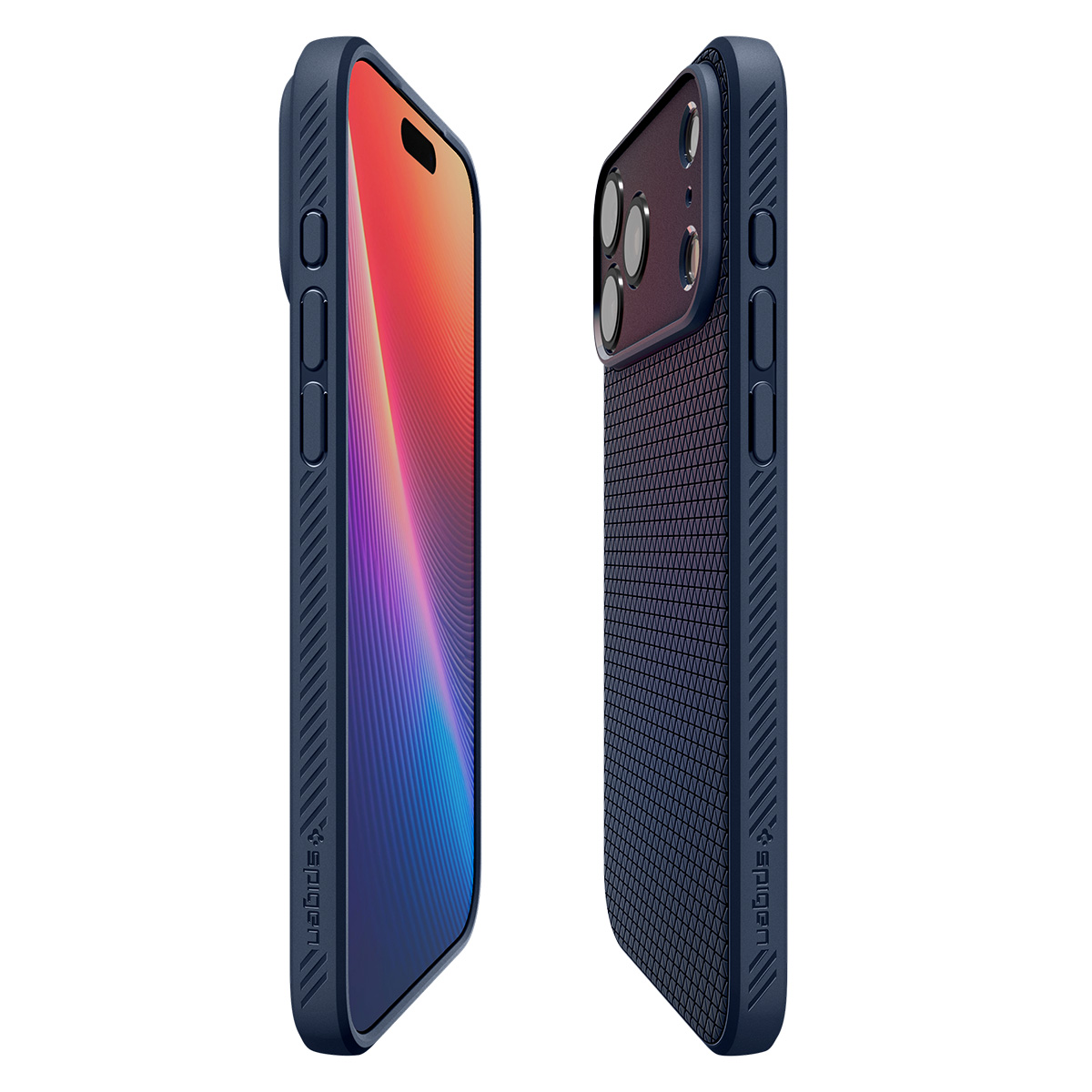 Voor- en achteraanzicht van een smartphone in een blauwe beschermhoes met een getextureerd patroon.