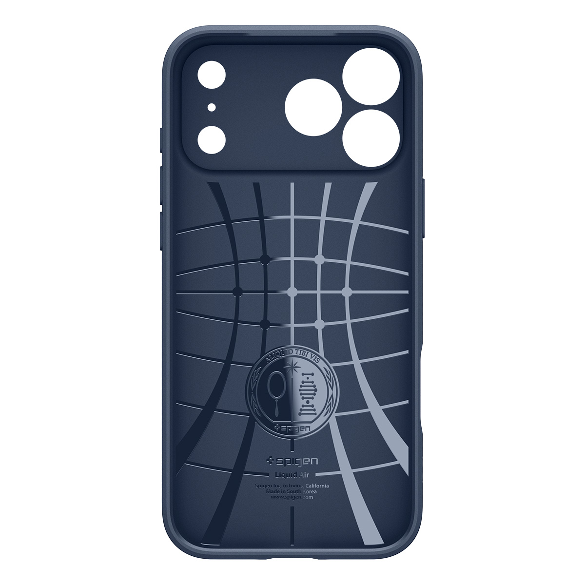Donkerblauwe TPU-telefoonhoesje met geometrisch lijnenpatroon en logo aan de binnenzijde.