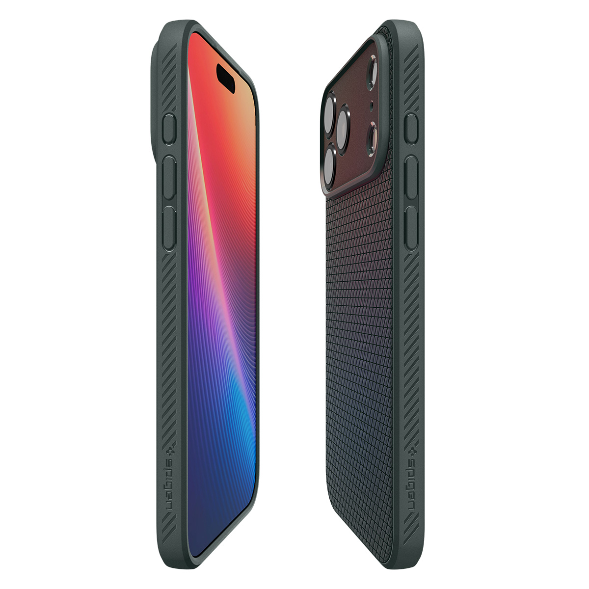 Twee weergaven van een smartphone in een donkergrijze hoes met kleurrijke schermgraphics.