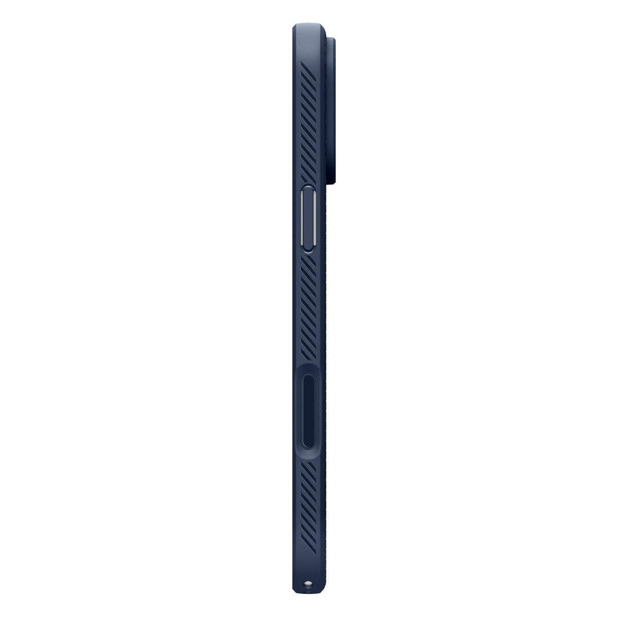 Zijaanzicht van een donkerblauwe smartphonehoes met knoppen en poorten tegen een witte achtergrond.